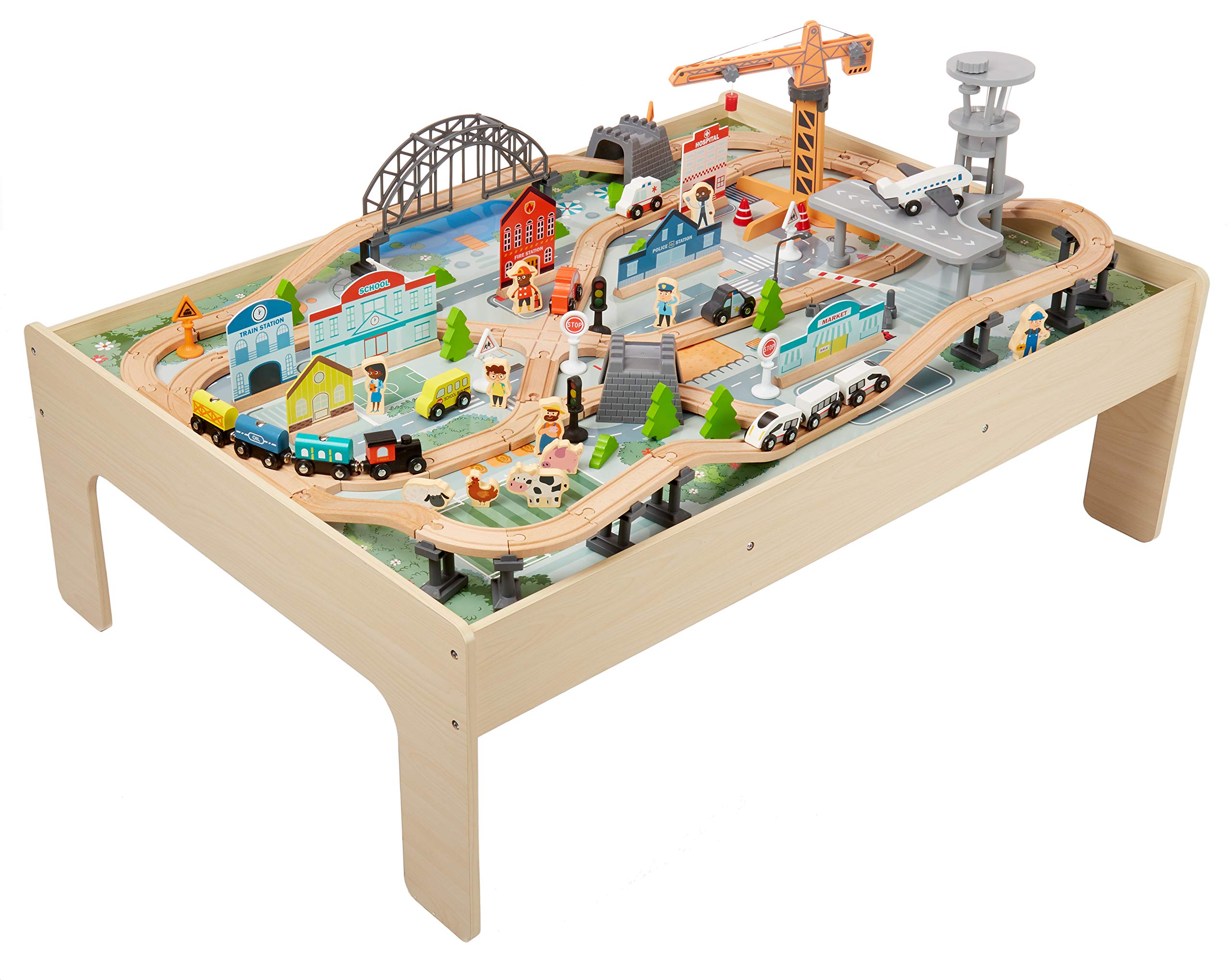 Amazon Basics 120-Piece Wooden Train Set and Table with Interactive Accessories | Multicolor | 120.4 x 85 x 41 cm 2