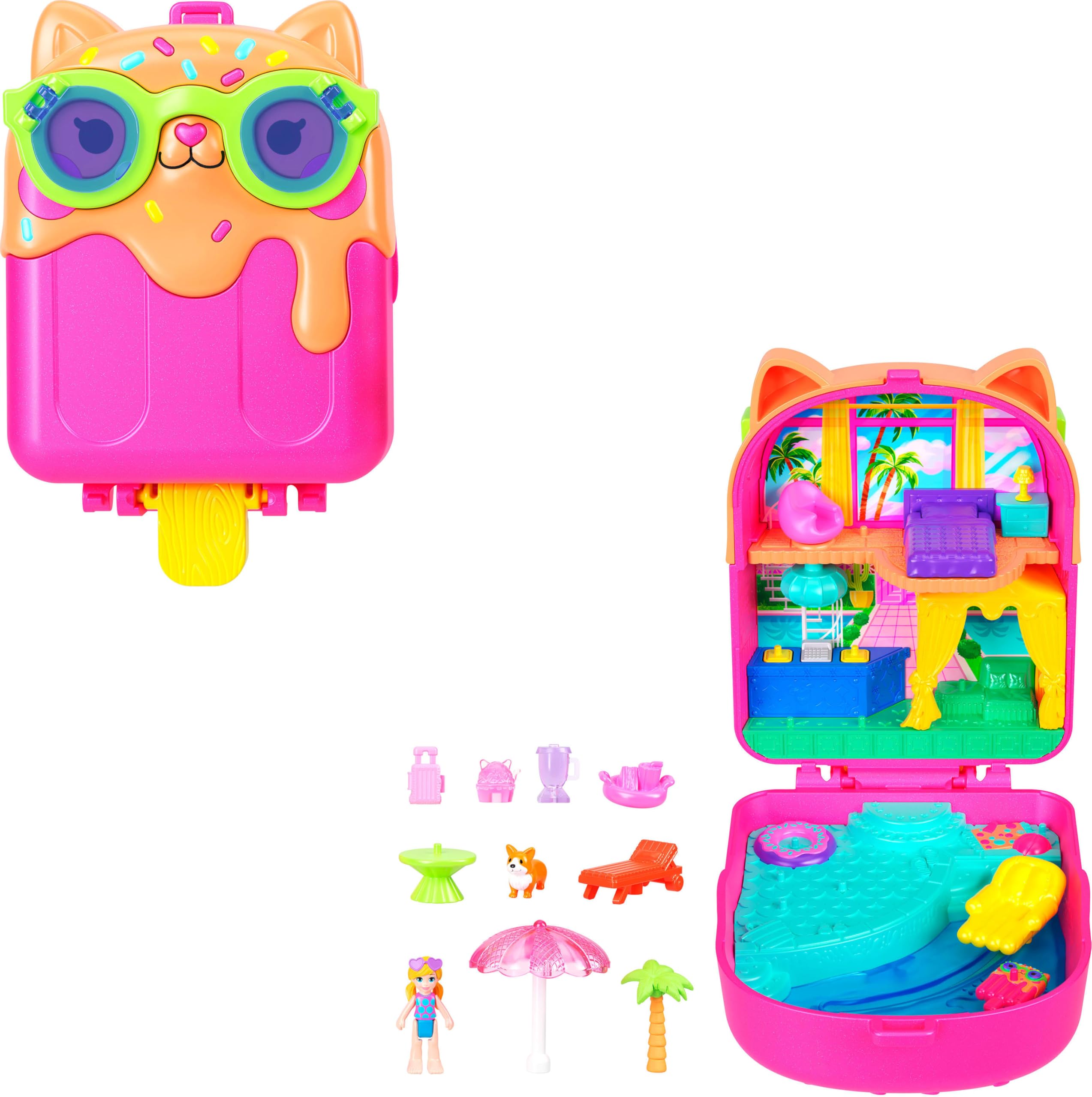 Polly Pocket Kitty Popsicle Resort Compact Playset | Micro Doll, Puppy, 11 Accessories | Ages 4+