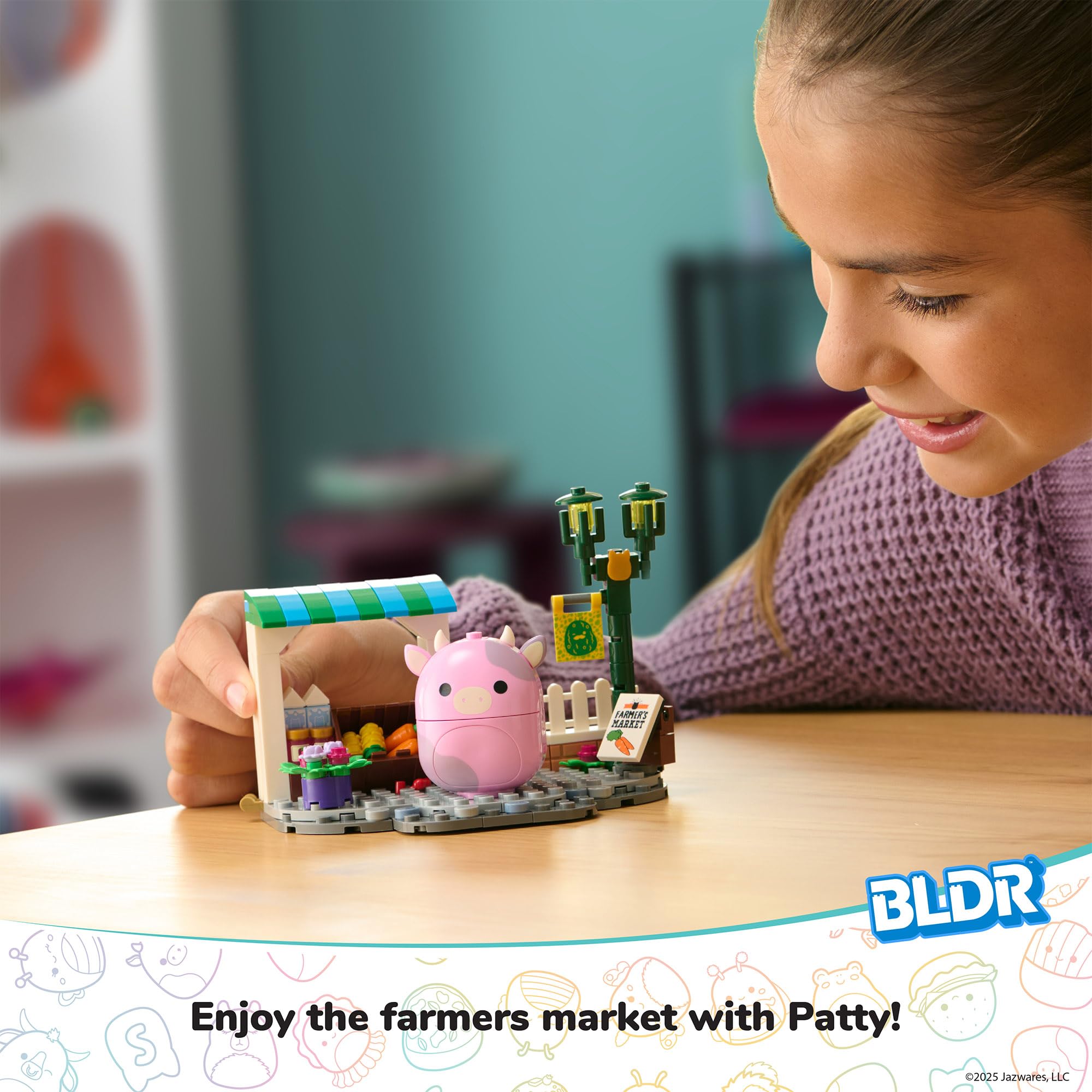BLDR Squishmallows Patty’s Farmers Market Building Set - 136-Piece Playset with Patty the Pink Cow Figure 7
