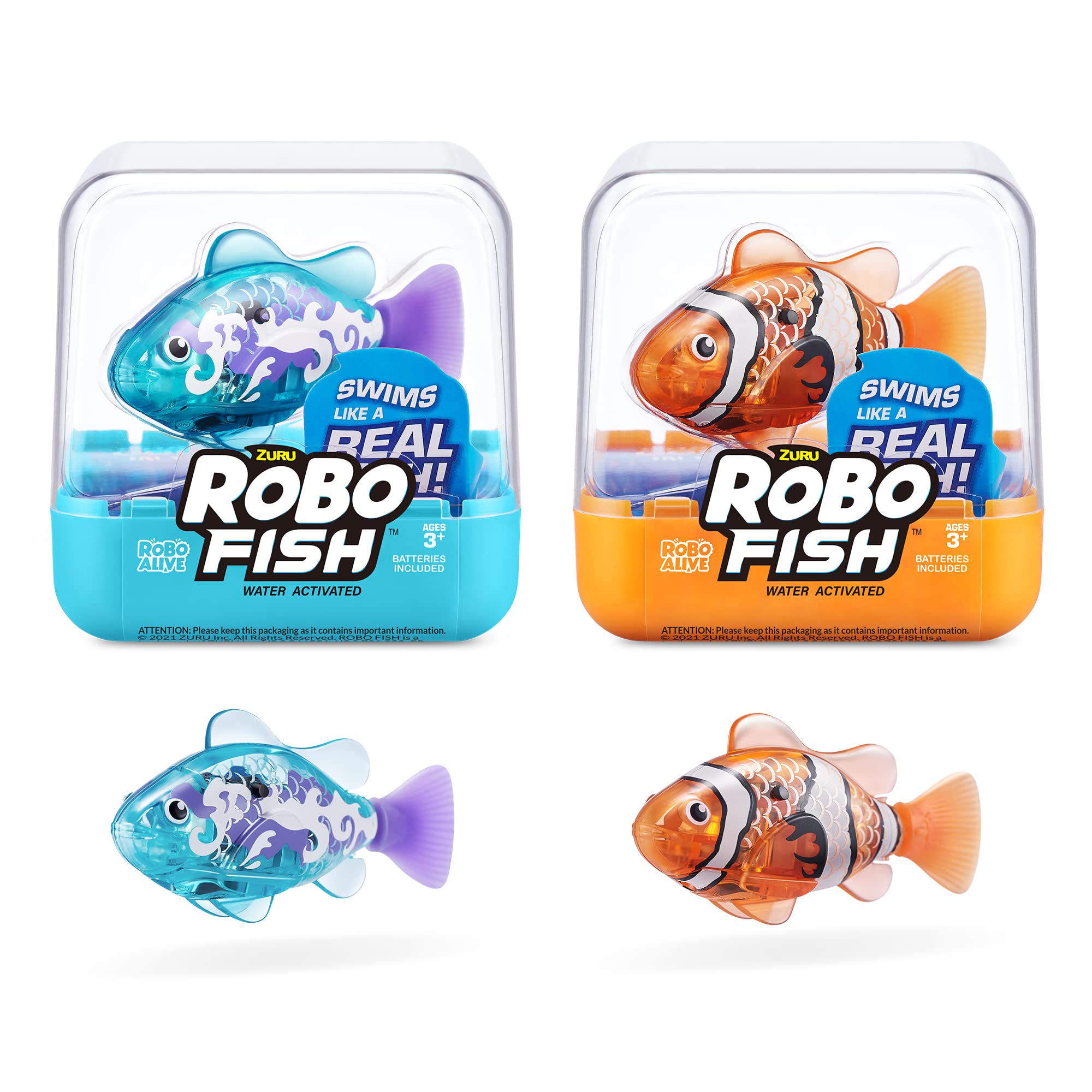 Robo Fish Series 3 Robotic Swimming Fish - Electronic Pet Toy with Color-Changing Feature (2 Pack, Orange and Teal)