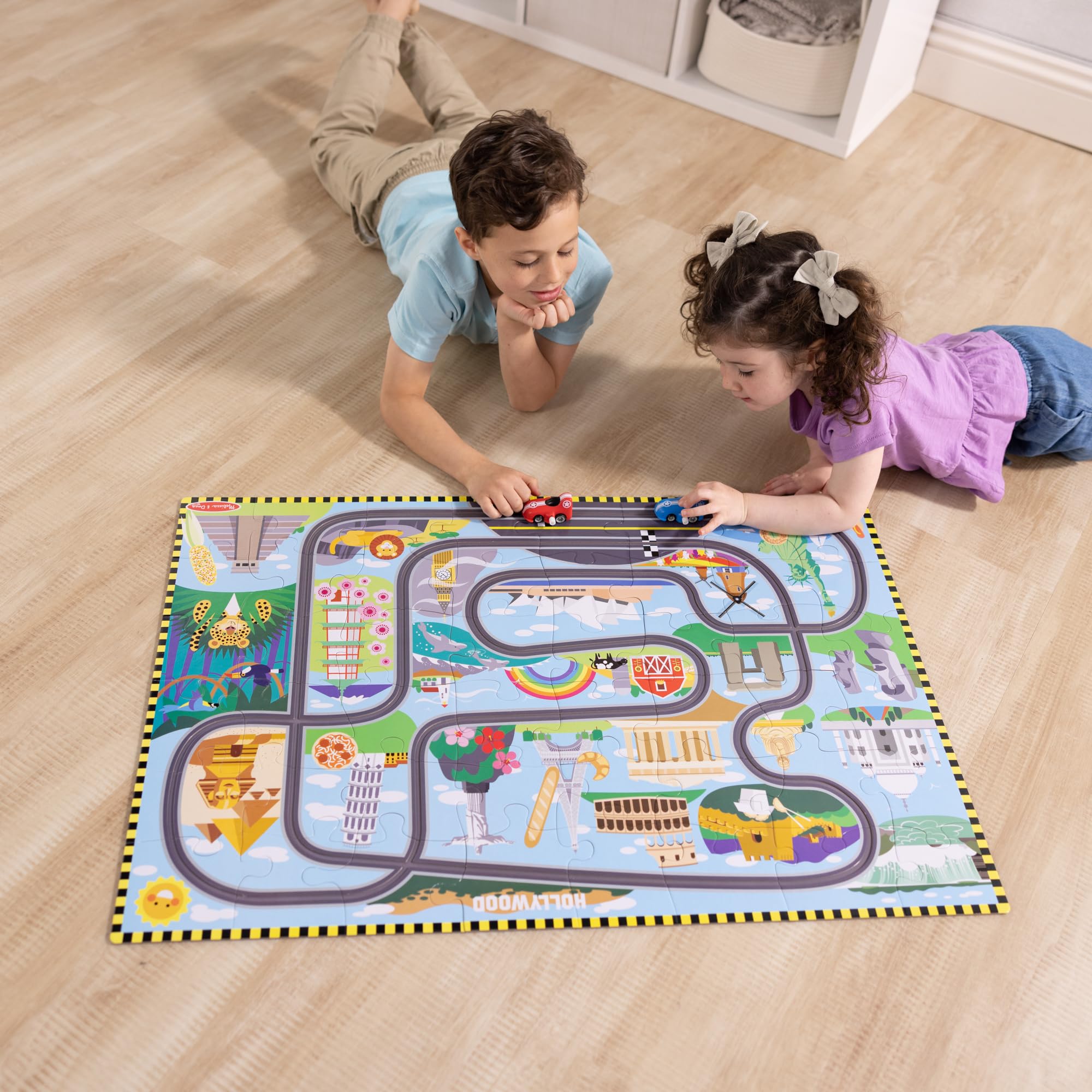 Melissa & Doug Race Around the World Floor Puzzle - 48 Pieces, Includes 2 Wind-Up Vehicles | Ages 3+