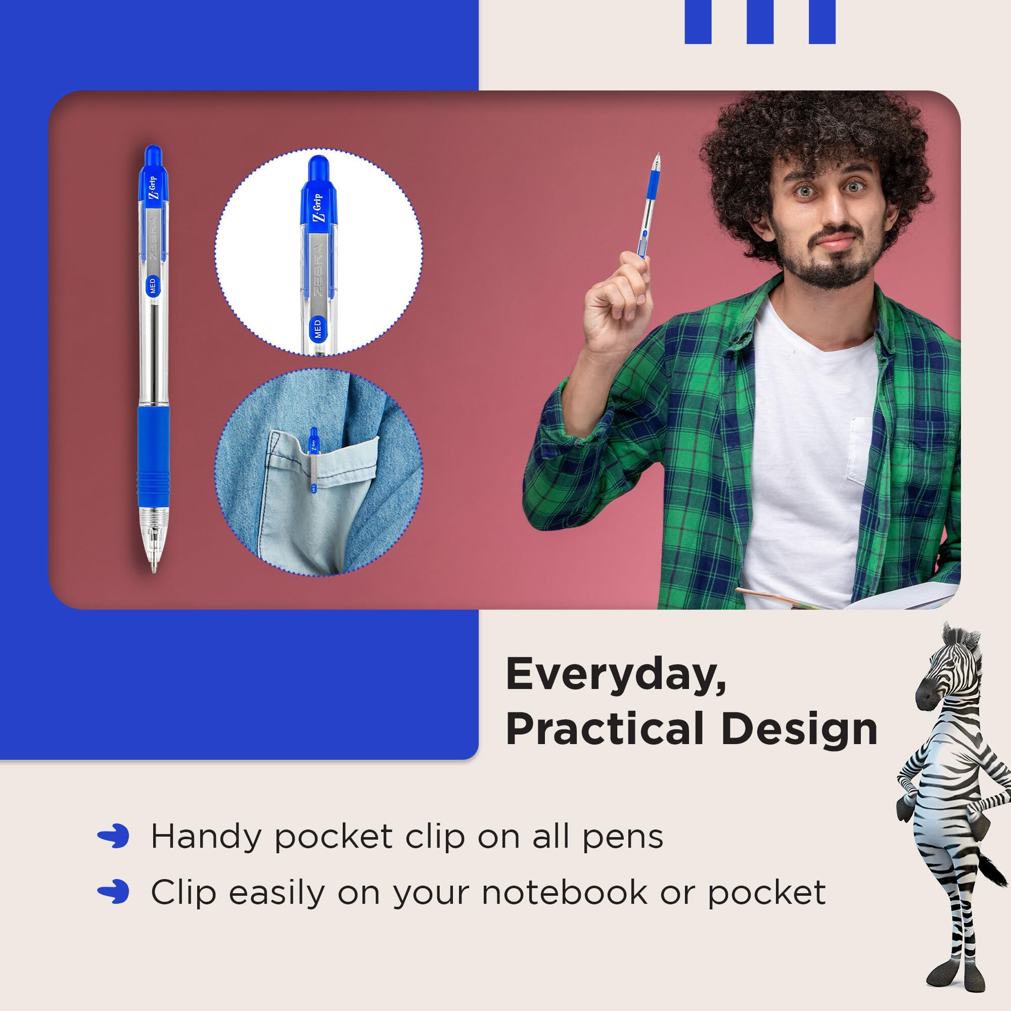 Zebra Pen Z Grip Retractable Ballpoint Pens - Blue Ink, Comfort Grip, Pocket Clip | 8 Pack 6