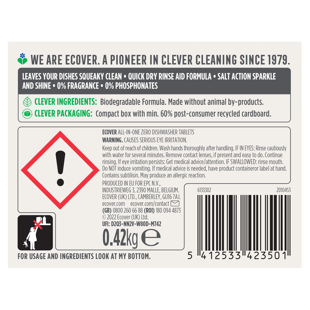 Ecover Zero Dishwasher Tablets, Salt & Rinse Aid - All-in-One Biodegradable Cleaning Solution