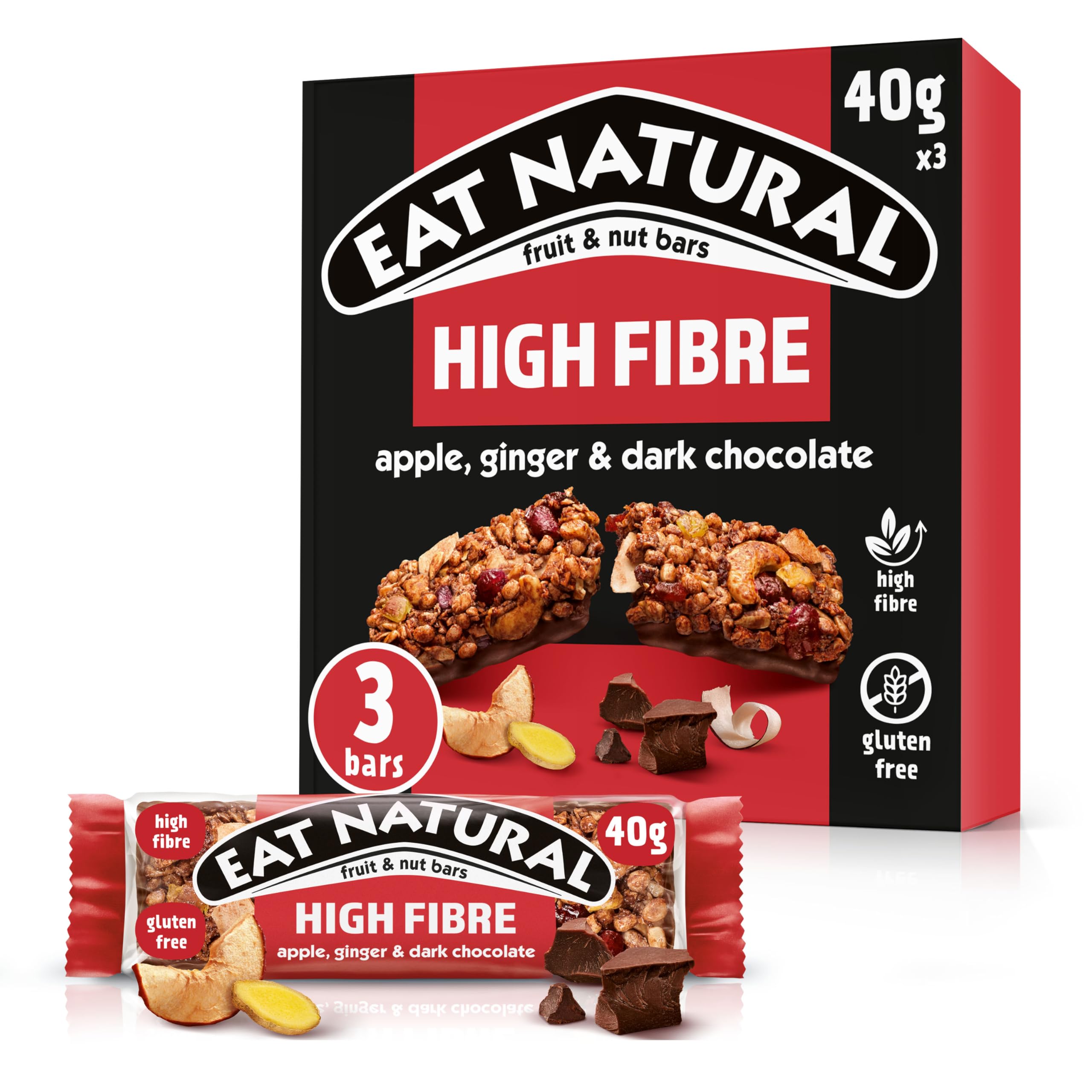 Eat Natural Fruit & Nut Bars - Dark Chocolate with Apple & Ginger | High Fibre | Gluten Free | 3 x 40g