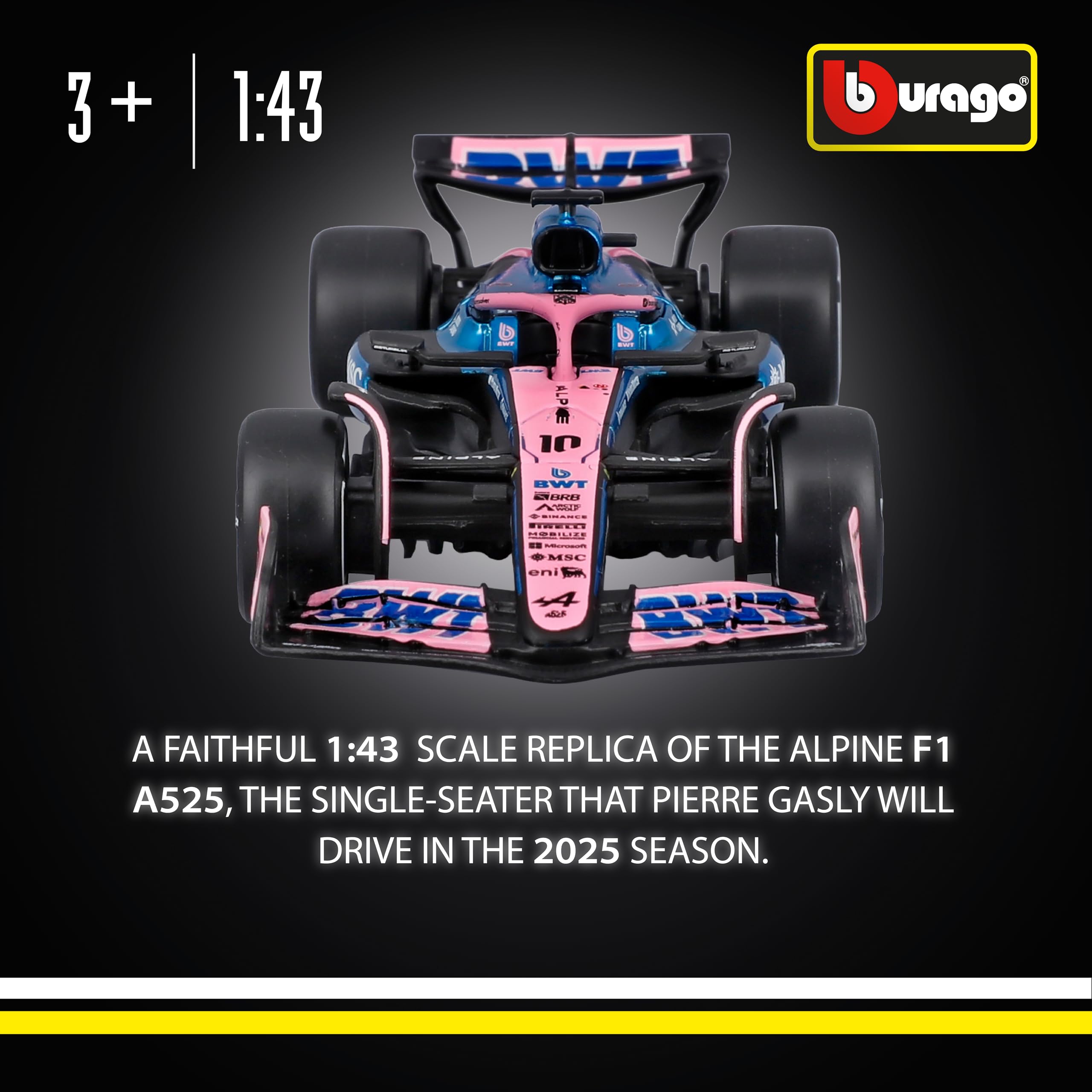 Bburago BWT Alpine A525 2025 #10 Gasly 1:43 Scale Diecast Car | Metal | Pink 2