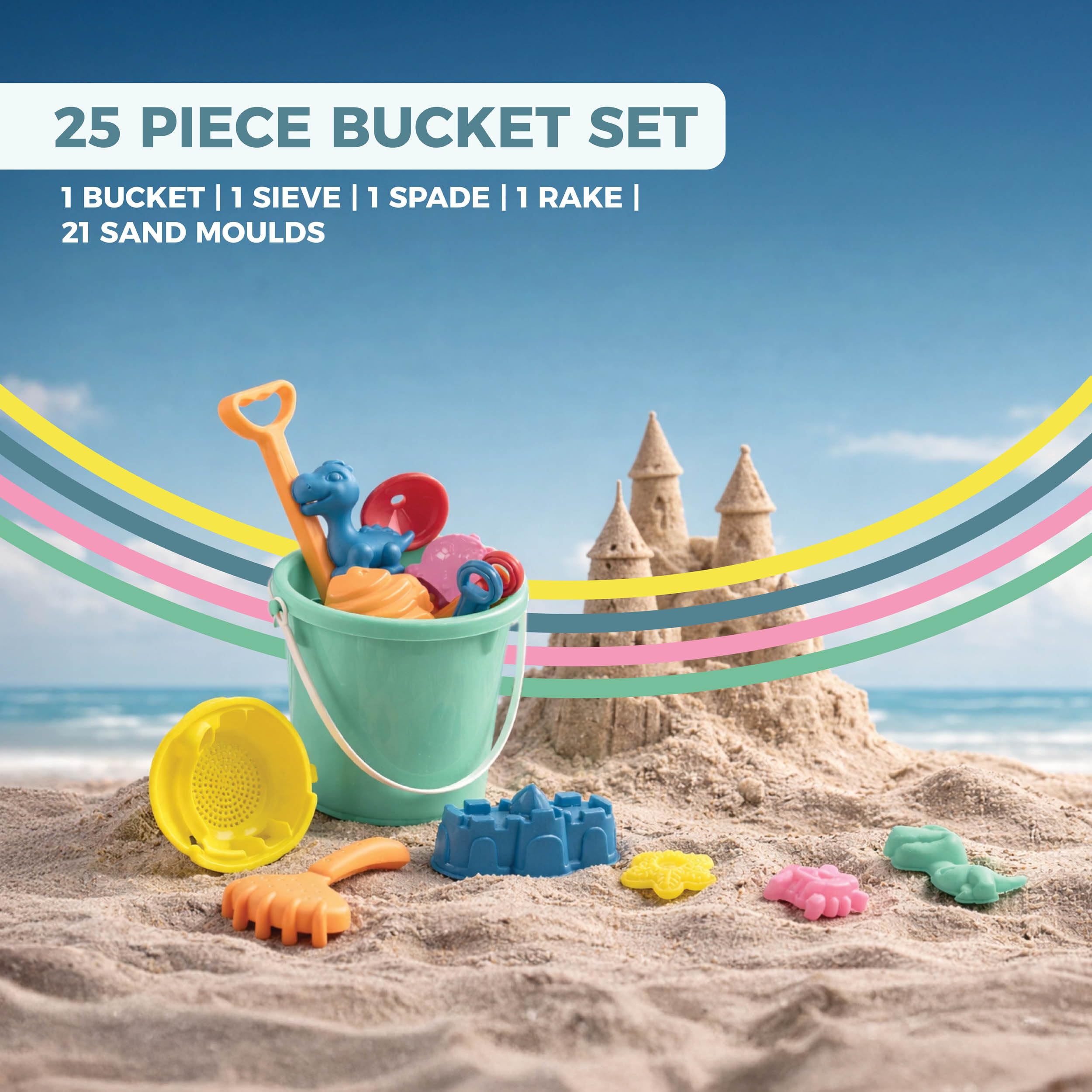 Mookie Activo 25 Piece Kids Beach Bucket and Spade Set with Moulds | Ages 18m+ 2