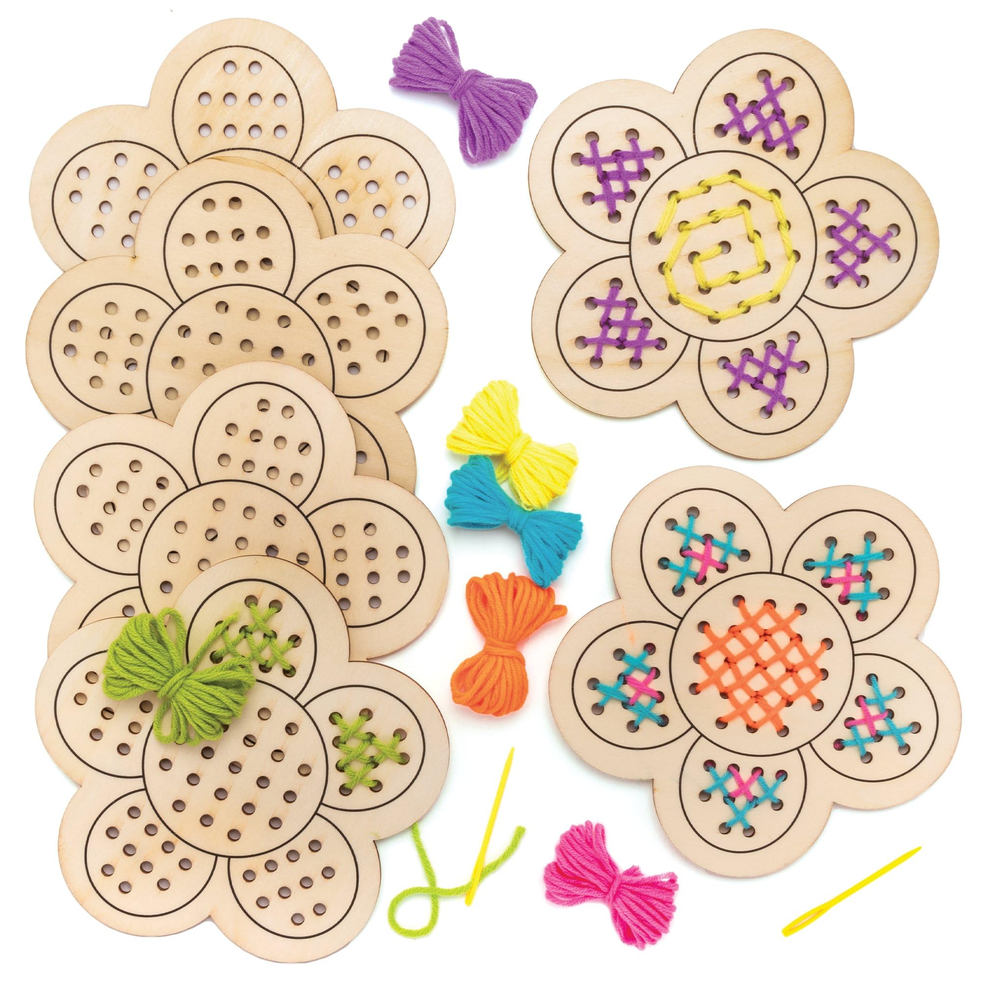 Baker Ross Flower Wooden Threading Kits - Pack of 4 | Kids Crafts | Ages 3+