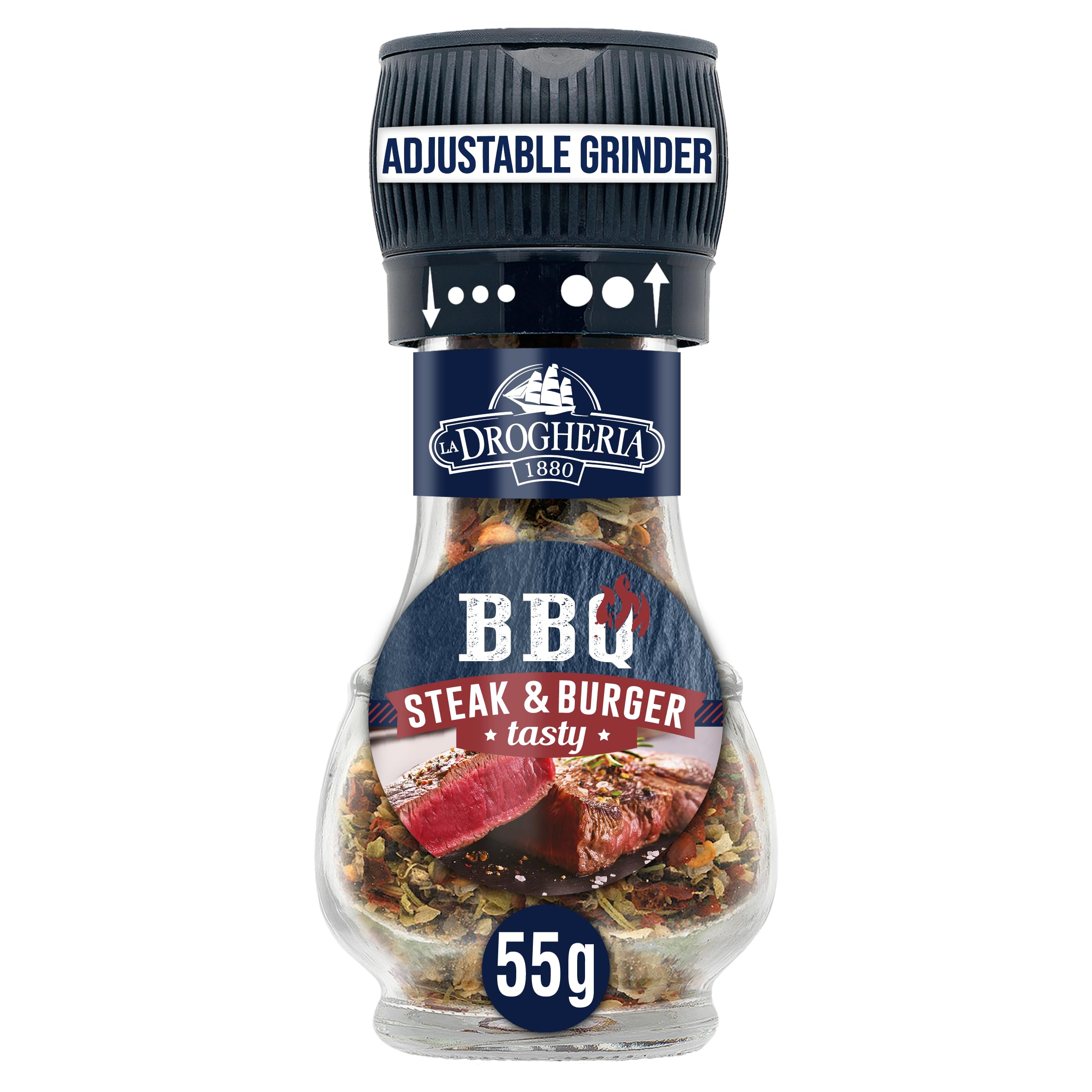 La Drogheria 1880 BBQ Steak & Burger Seasoning Grinder | 50% Salt, 20% Black Pepper | 55 g