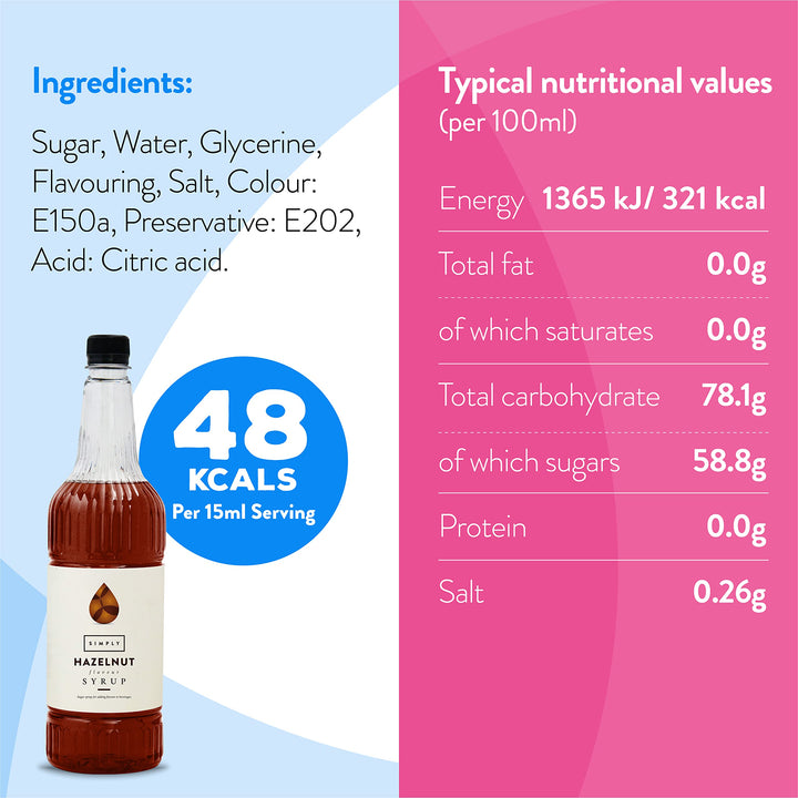 Simply - Hazelnut Syrup Vegan & Nut Free Flavoured Syrup for Coffee, Cocktails & Baking (1 Litre)