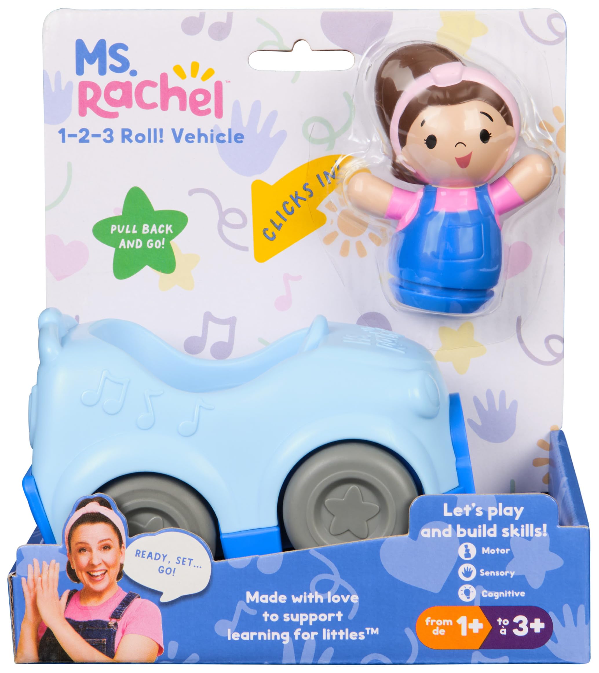 Ms. Rachel 1-2-3 Roll! Vehicle with Click-in Figure | Pull Back Action | Ages 12 Months+