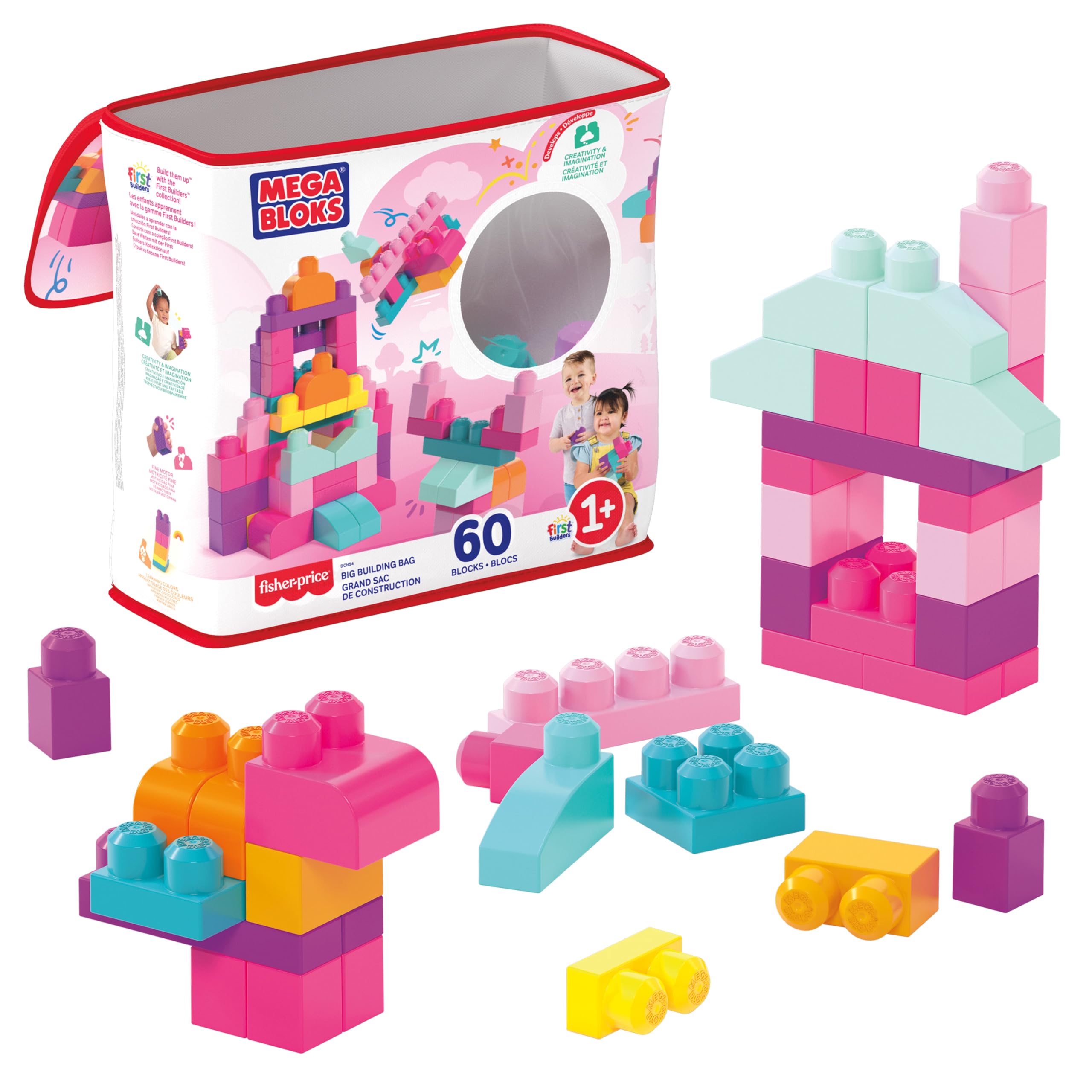 Mega Bloks Big Building Bag Building Set with 60 Blocks, Pink | Ages 1+ | DCH54