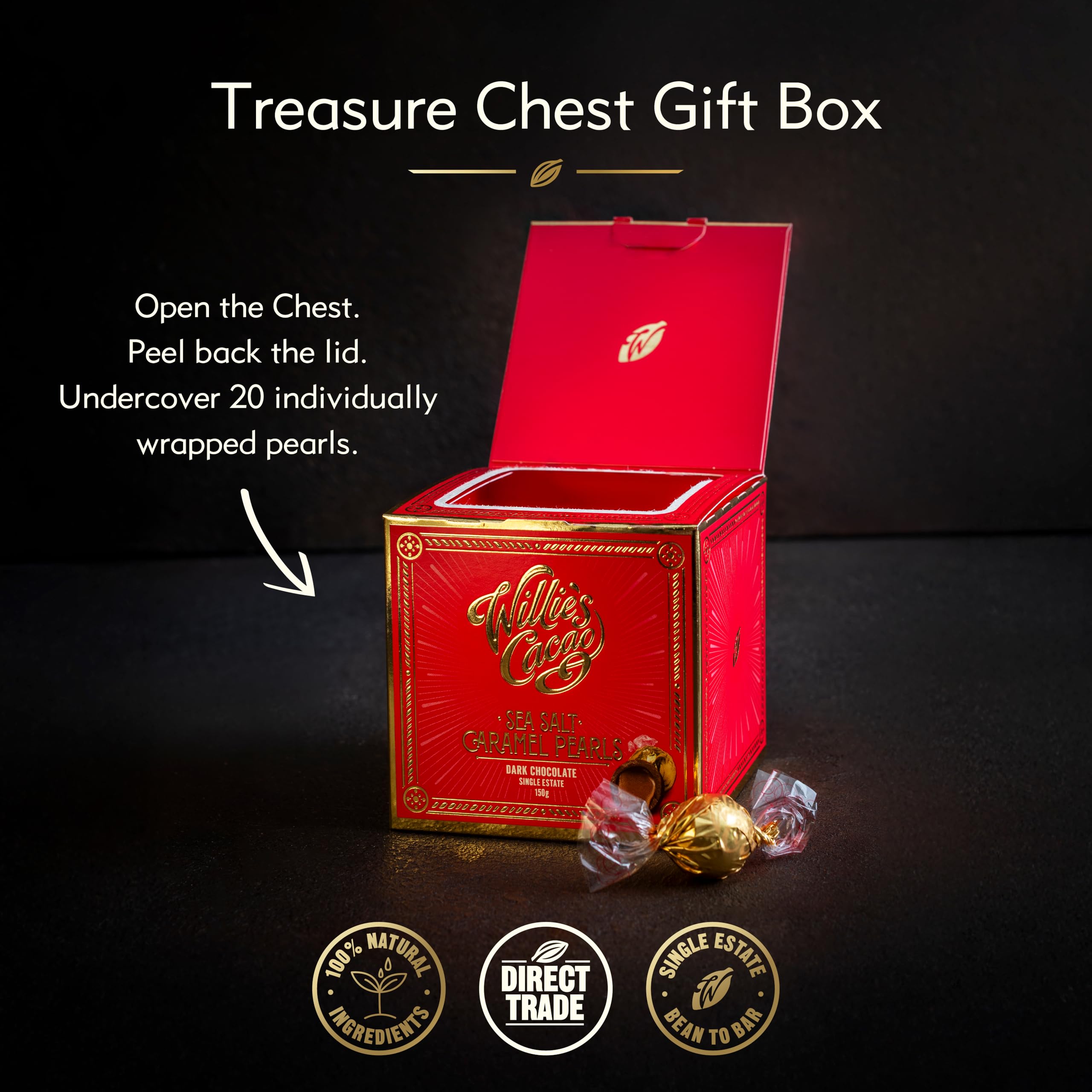 Willie’s Cacao - Dark Chocolate Salted Caramel Pearls 150g – Gift Box of 20 Individually Wrapped Pearls with Molten Sea Salt Caramel 4