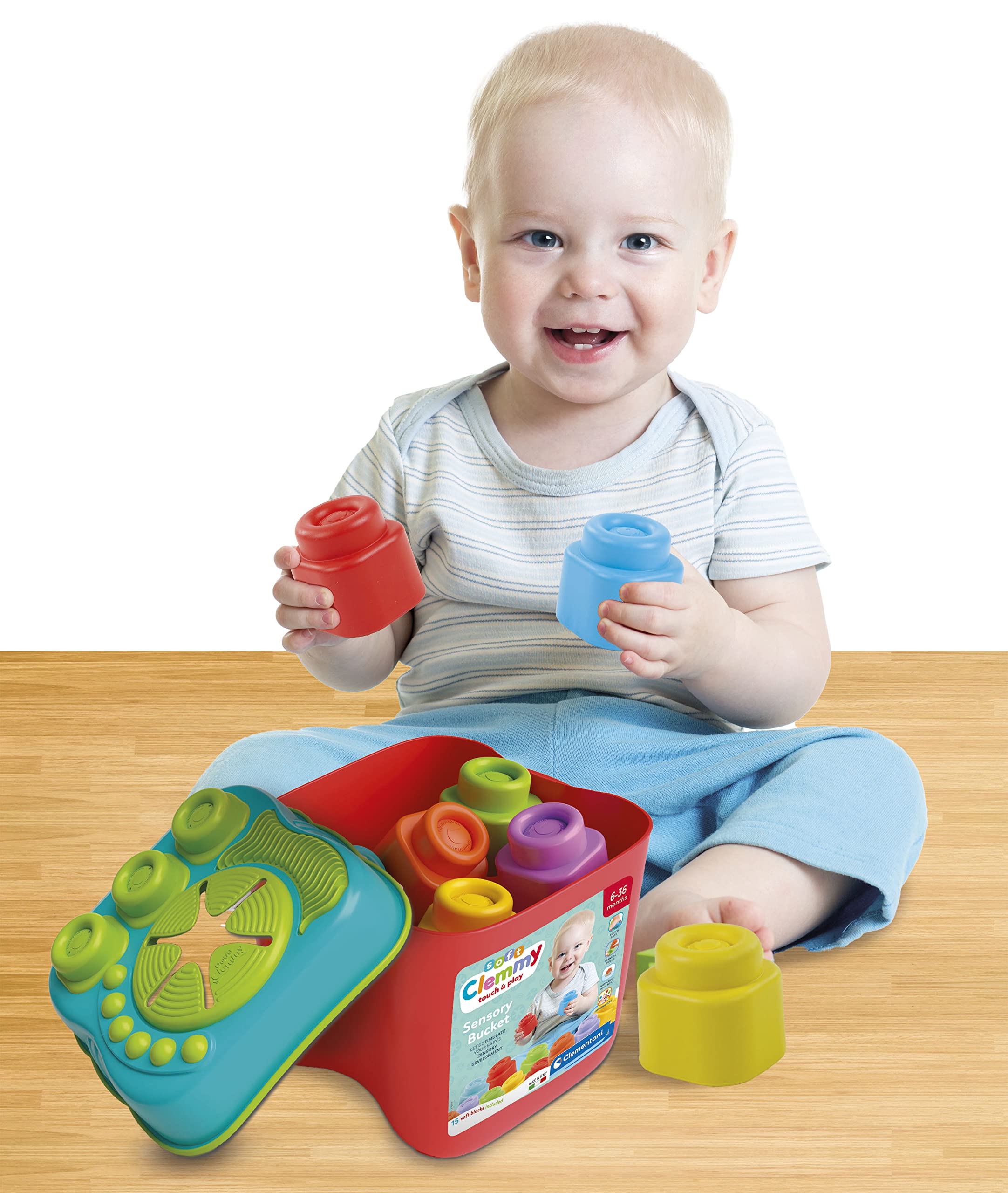 Clementoni Clemmy Sensory Bucket with Soft Blocks - 15 Pieces | Ages 6-36 Months | Multi-color 2