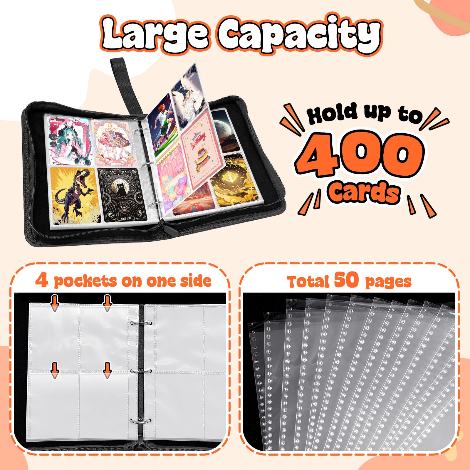 TOYABI 50-Page 400-Pocket PU Leather Trading Card Binder for Kids and Collectors 6