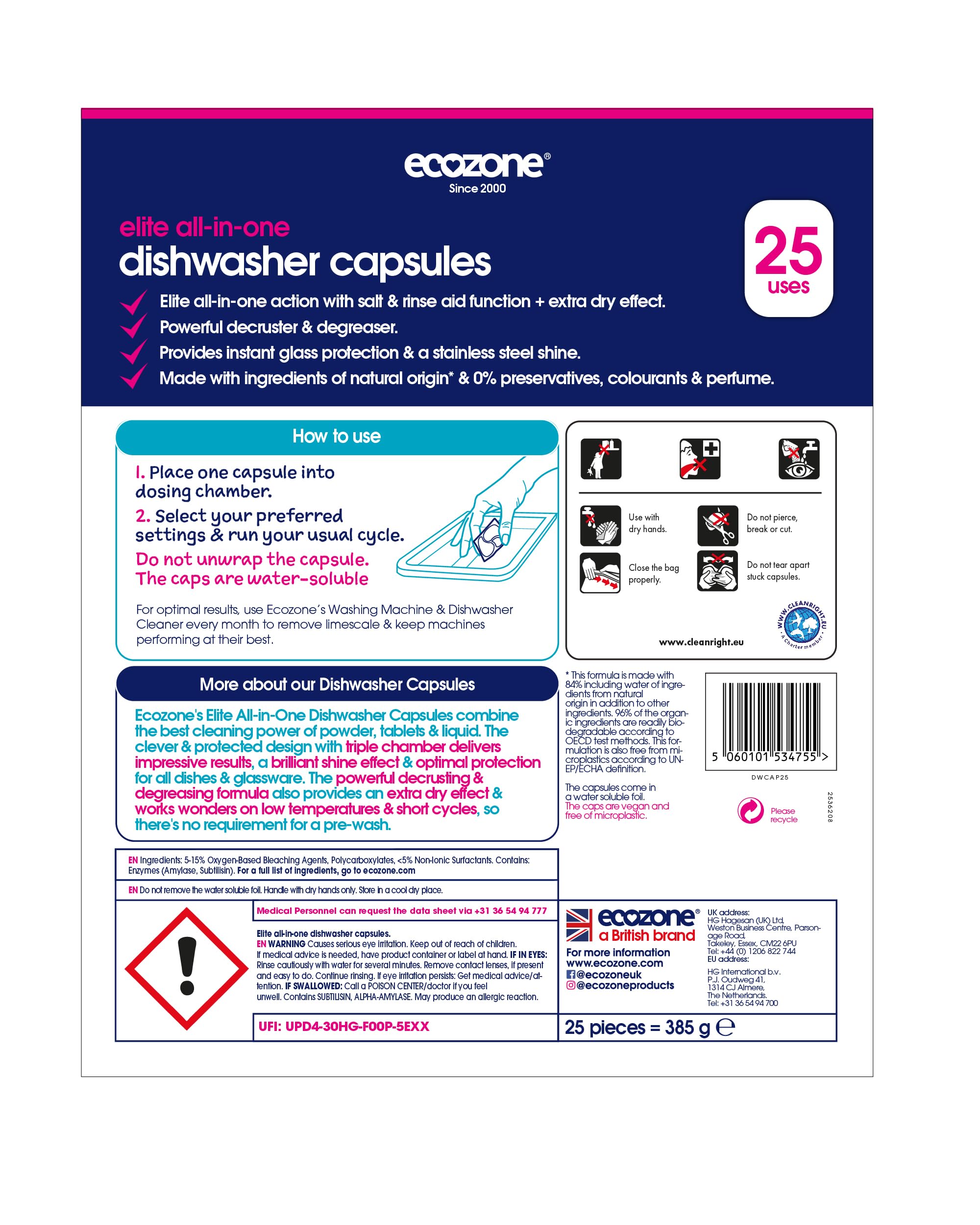 Ecozone Optimum All-In-One Dishwasher Capsules - 25 Count | Streak-Free Shine | Unscented