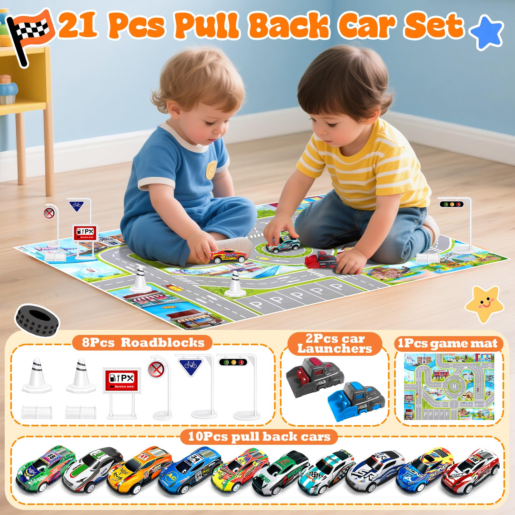 TOYABI 10Pcs Pull Back Toy Cars Racing Set with Mat & 2 Launchers | Metal Shell | Ages 3+