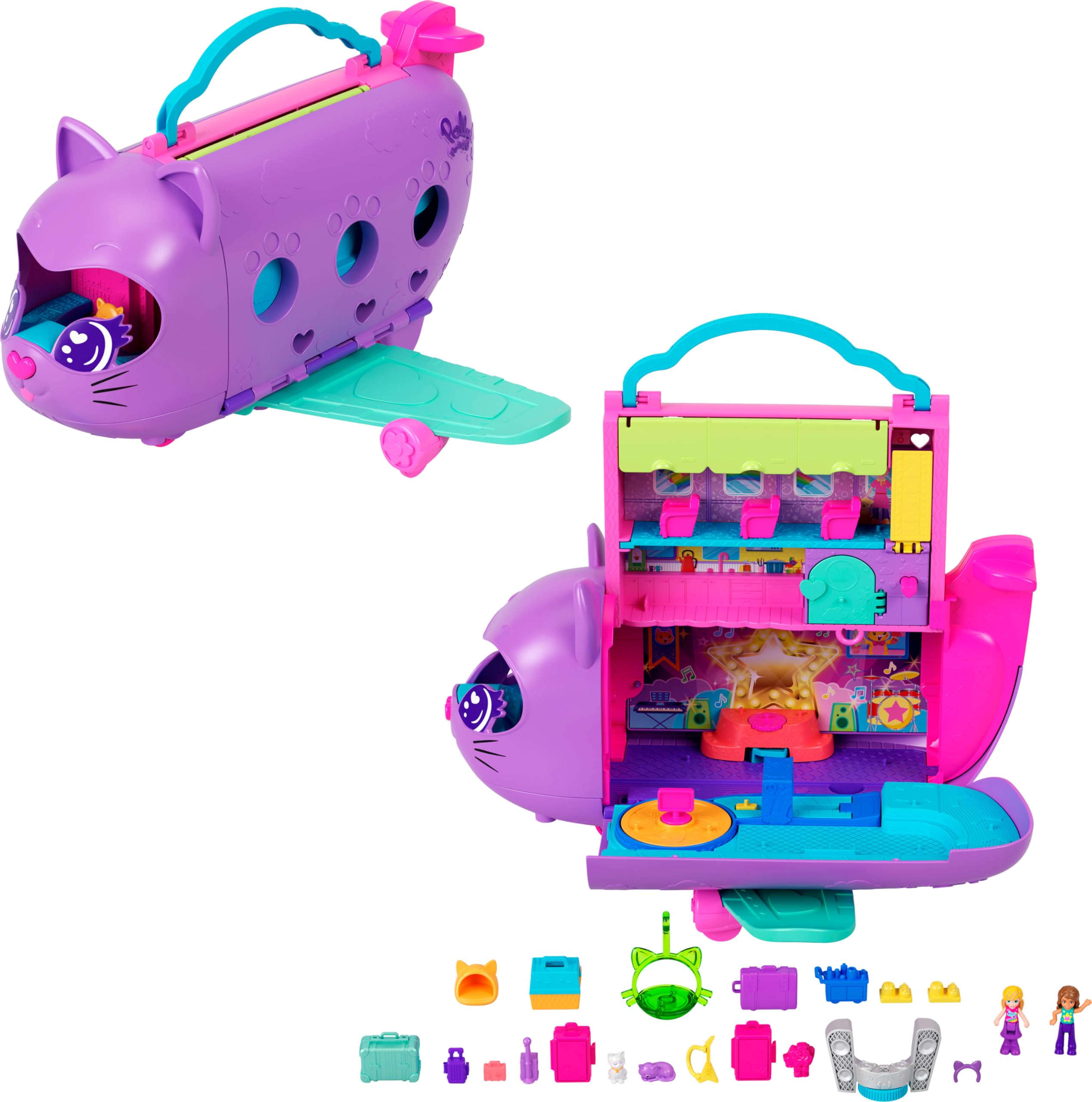 Polly Pocket Kitty Airways Airplane Playset with 2 Micro Dolls and 19 Accessories | Ages 4+