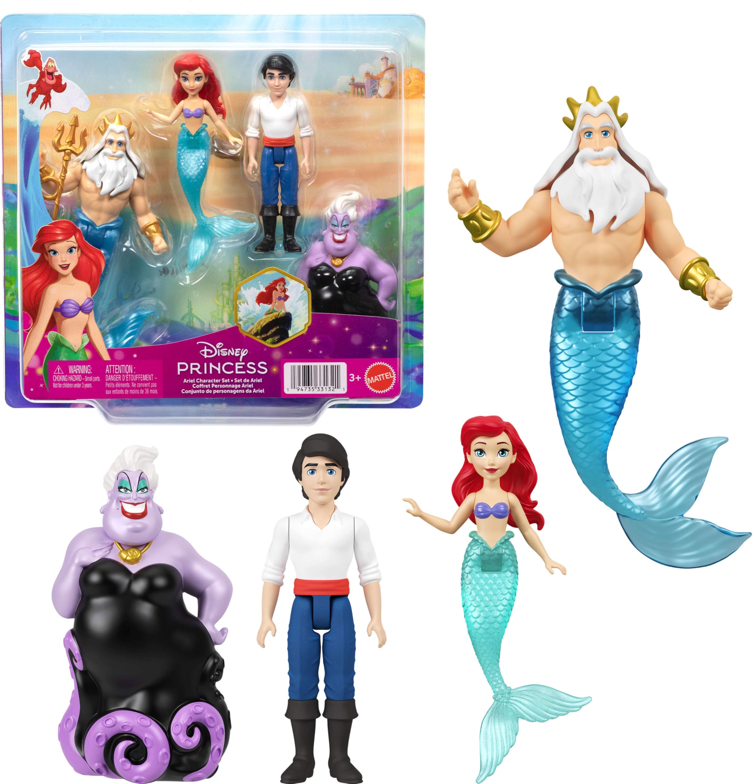 Mattel Disney Princess The Little Mermaid Small Doll 4-Pack with Ariel, Eric, Triton & Ursula | 3.5-inch 1
