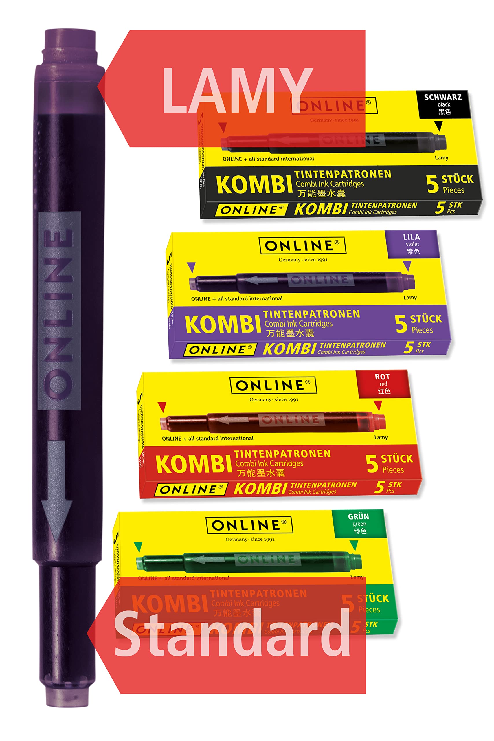 Online Colourful Double-Sided Pen Refills - 20 Cartridges (4-Pack) | Red, Green, Black, Purple | Universal & Lamy Compatible 1
