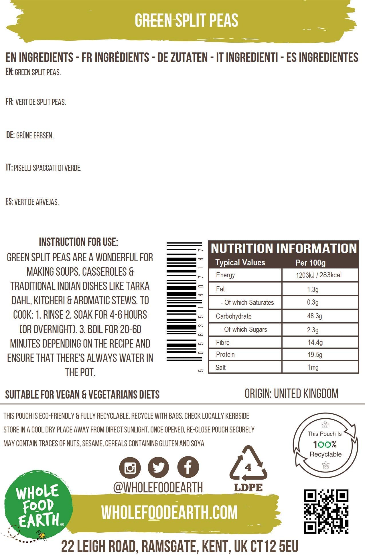 Wholefood Earth Green Split Peas - 500g | High Fibre | High Protein | GMO Free
