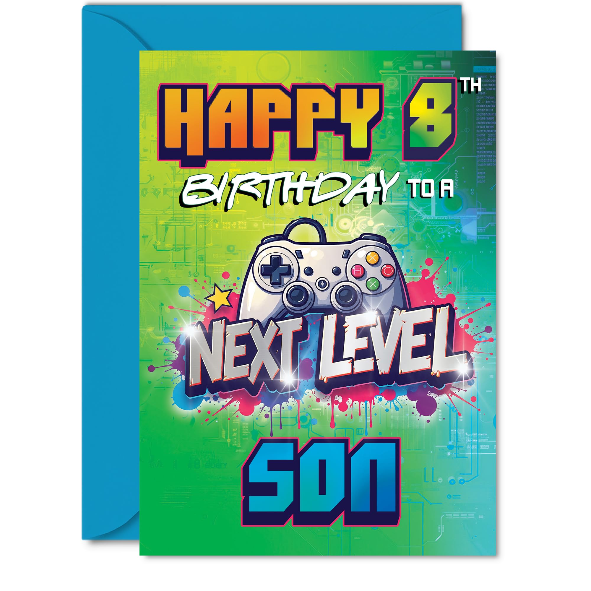 Giftzie 8th Birthday Card for Son | Next Level Design | 5x7 Inch Greeting Card | Uncoated Interior