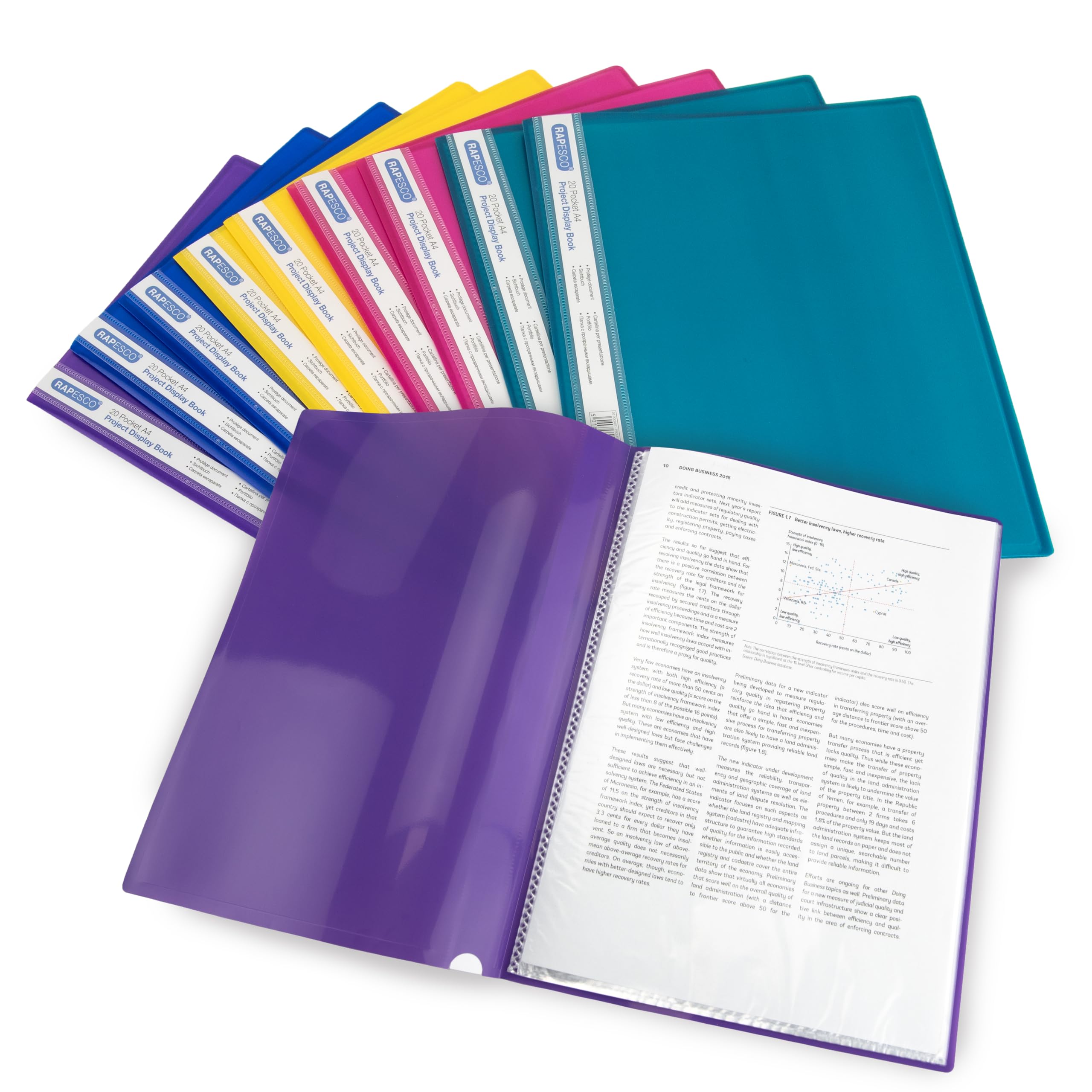 RAPESCO 0919 A4 Project Presentation Display Book - 20 Pockets, Assorted Bright Colours, Pack of 10