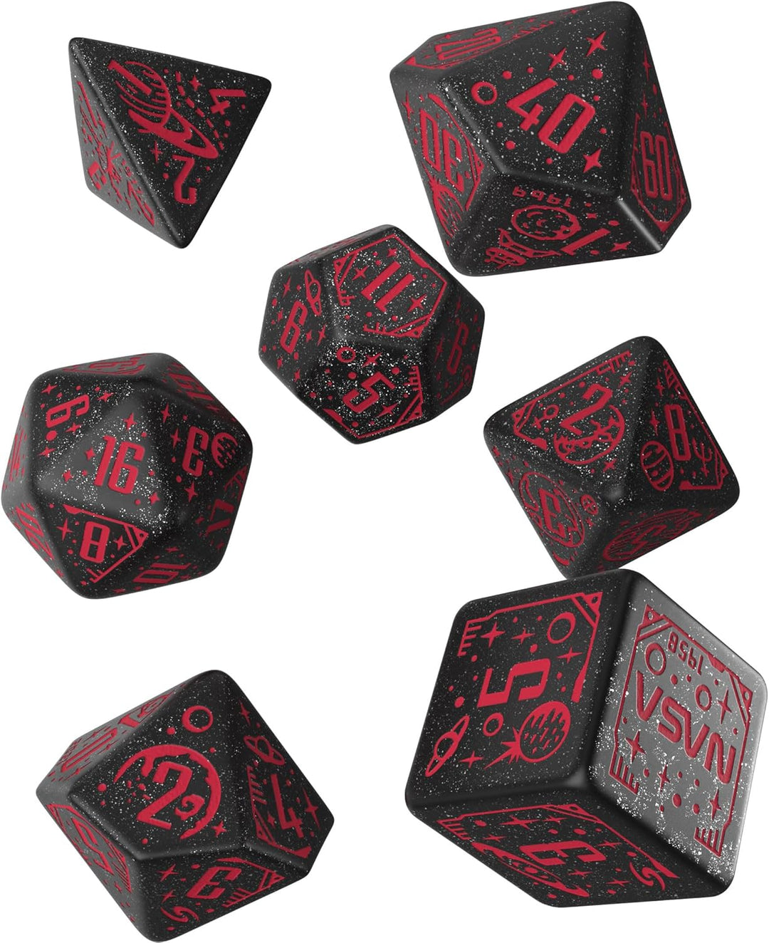 Q WORKSHOP Space Dice Set Voyager RPG Dice – Shimmering Black with Red Engraving