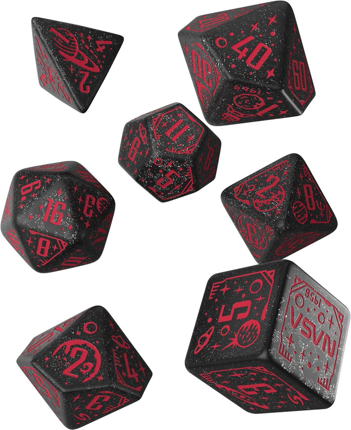 Q WORKSHOP Space Dice Set Voyager RPG Dice – Shimmering Black with Red Engraving