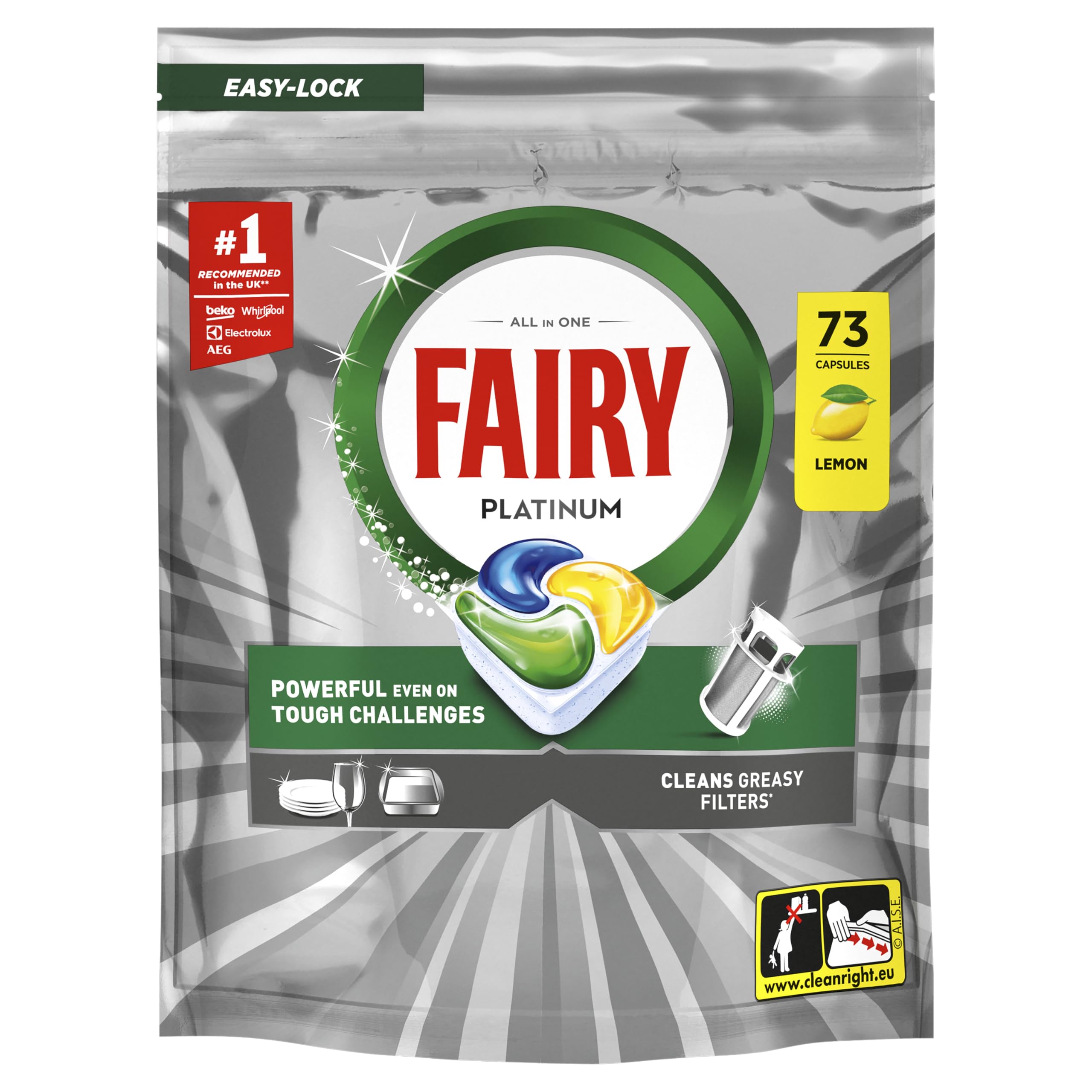 Fairy Platinum Dishwasher Tablets Lemon Scent - 73 Count All-in-One Power 1