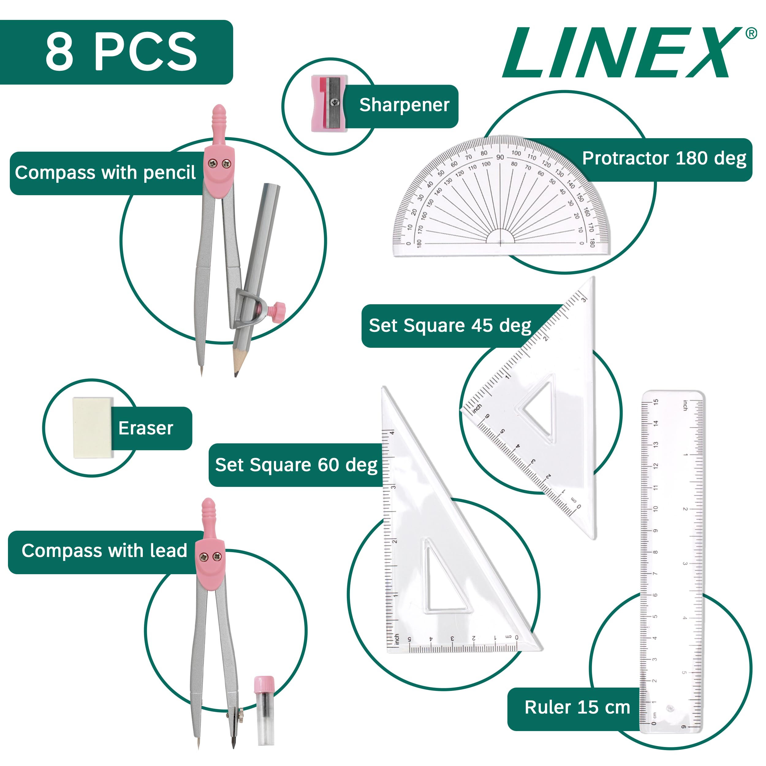 Linex Maths Geometry Set - 10-Piece Exam Kit with Compass, Protractor, Ruler | Pink Case 5
