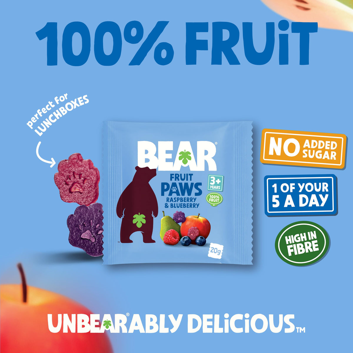 BEAR Raspberry & Blueberry Paws Fruit Snacks - 20 x 20g