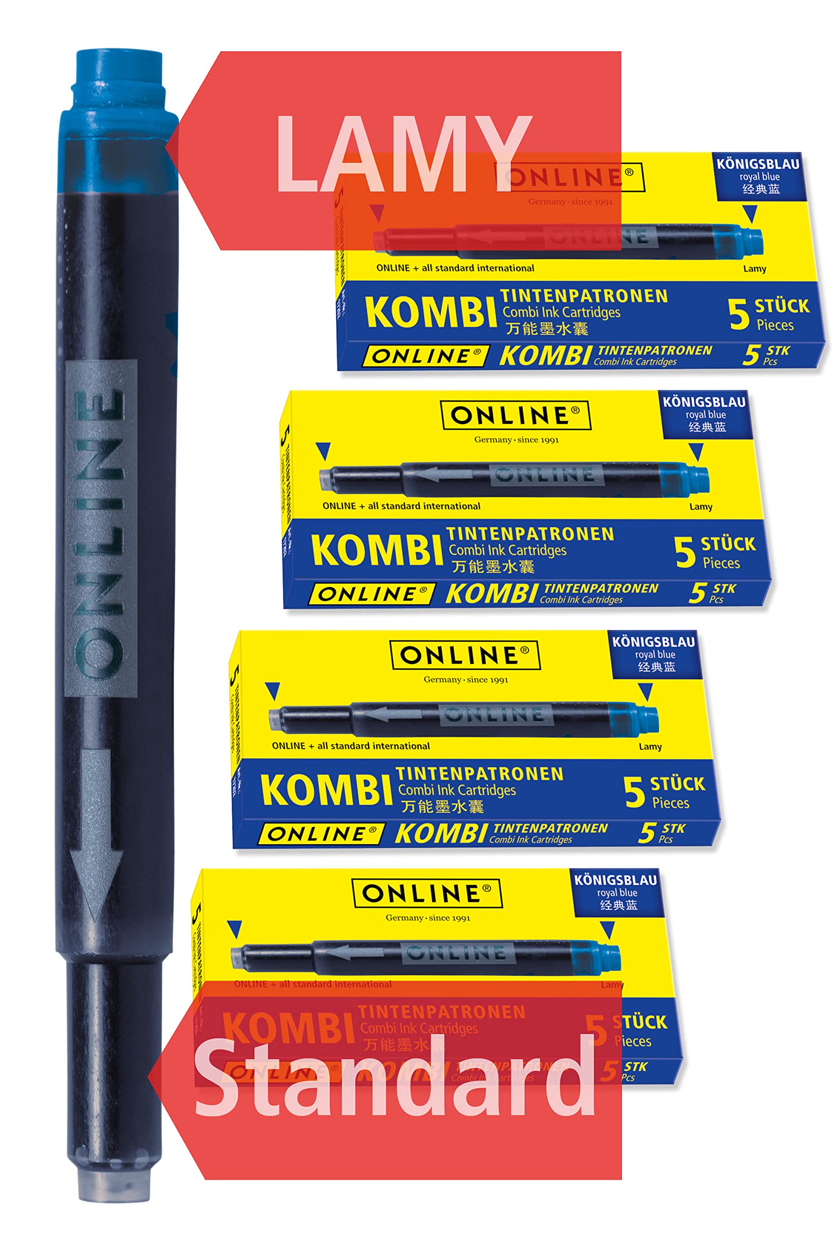Online Universal Double-Sided Fountain Pen Refills - Royal Blue Ink | 4-Pack Maxi Size 1