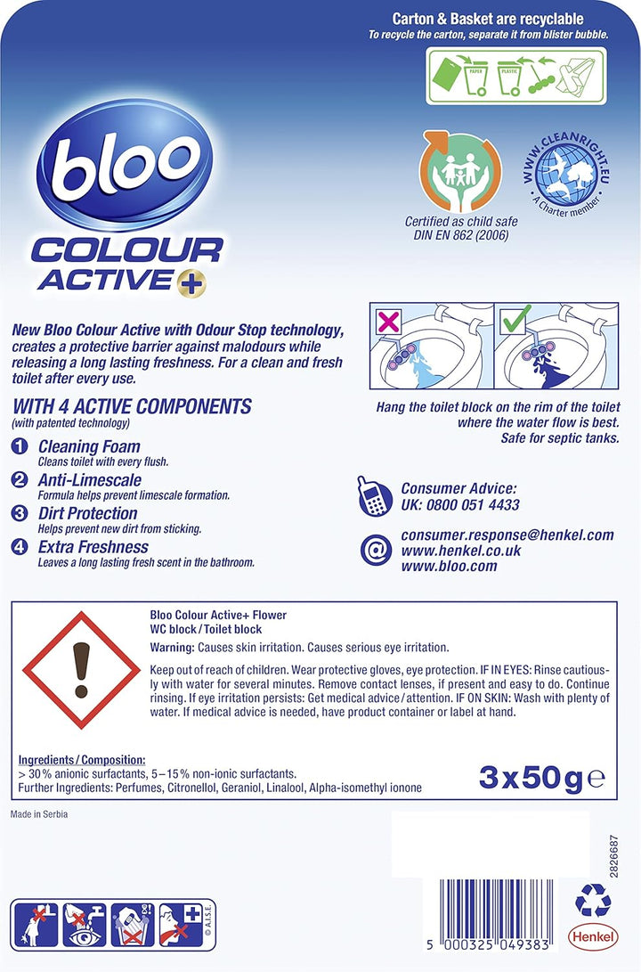 Bloo Colour Active Flower Rim Block, 150 g - Toilet Cleaning with Fresh Scent & Anti-Limescale