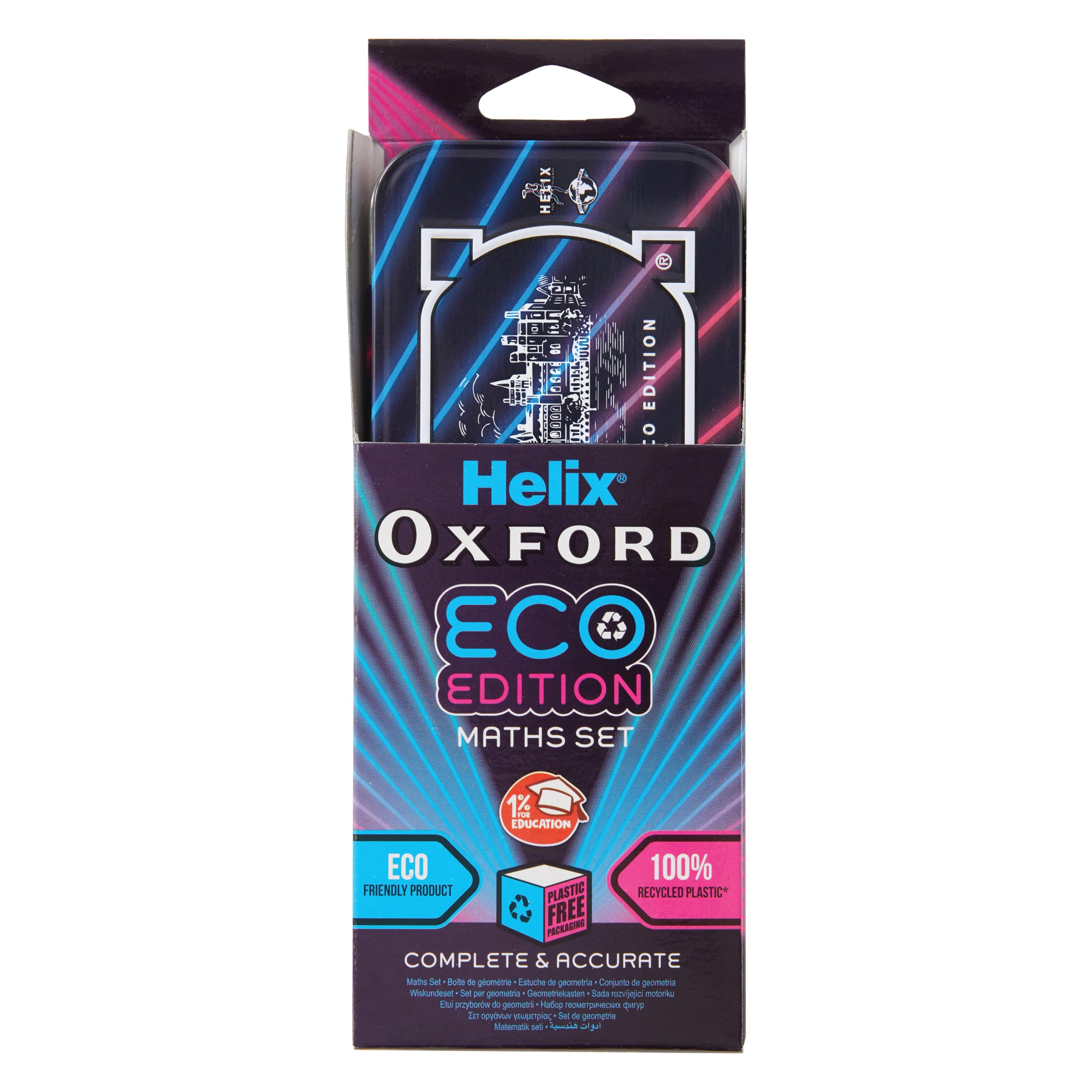 Helix Oxford Cyber Eco Maths Set - 9 Piece Geometry Set with Recycled Contents | Metal Tin | Model 170556 1