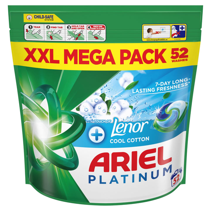 Ariel - Platinum PODS® Washing Liquid Laundry Detergent Capsules with Touch of Lenor Cool Cotton, 52 Washes