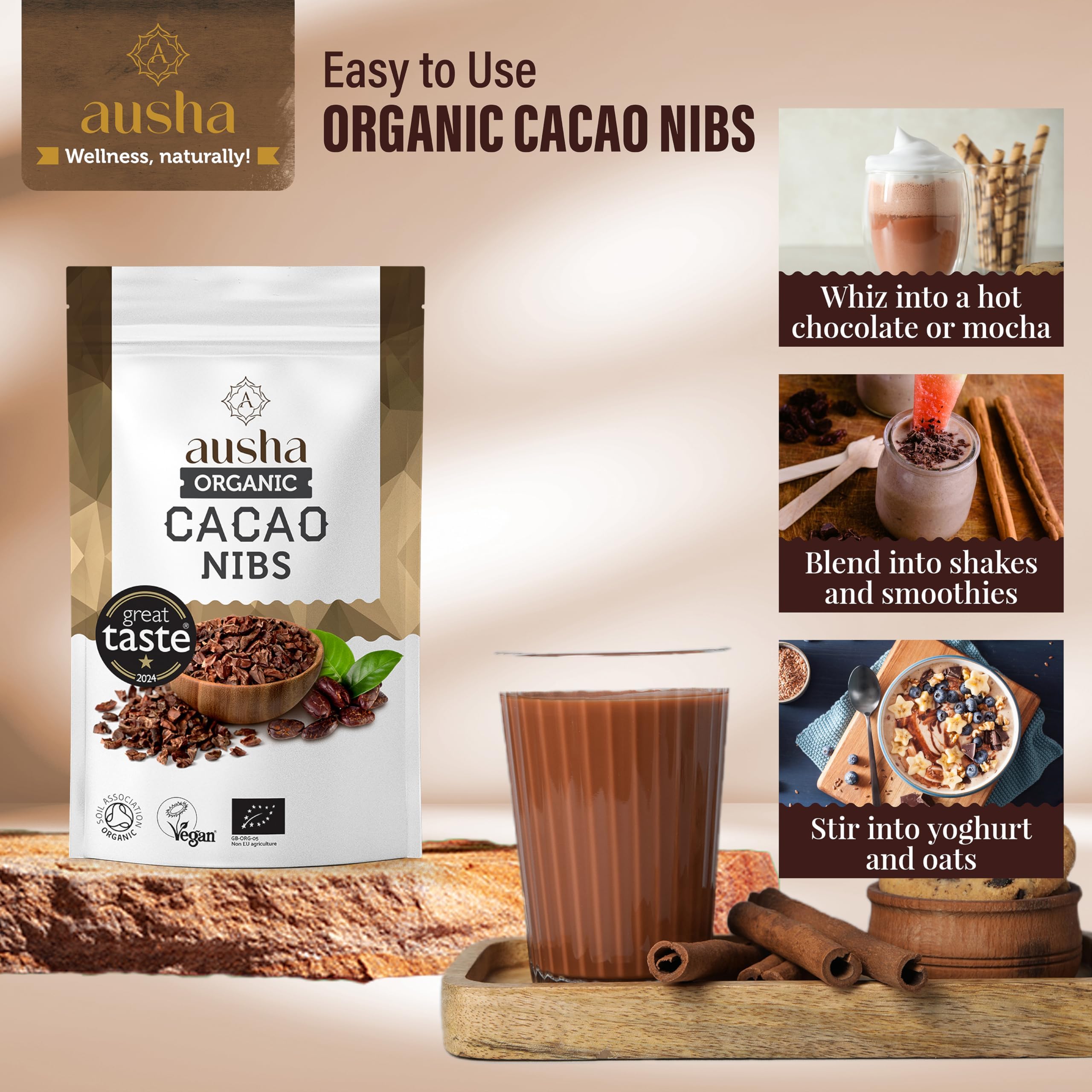 Ausha Organic Raw Cacao Nibs 200g - 1* Great Taste Award 2024 - Soil Association Certified 6