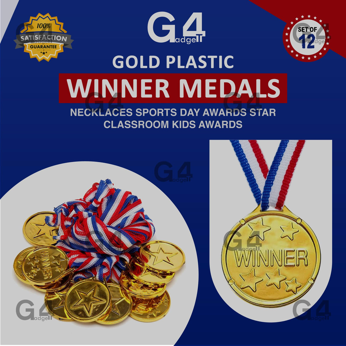 G4GADGET Gold Plastic Winner Medals - 12 Pack, 3.5 cm