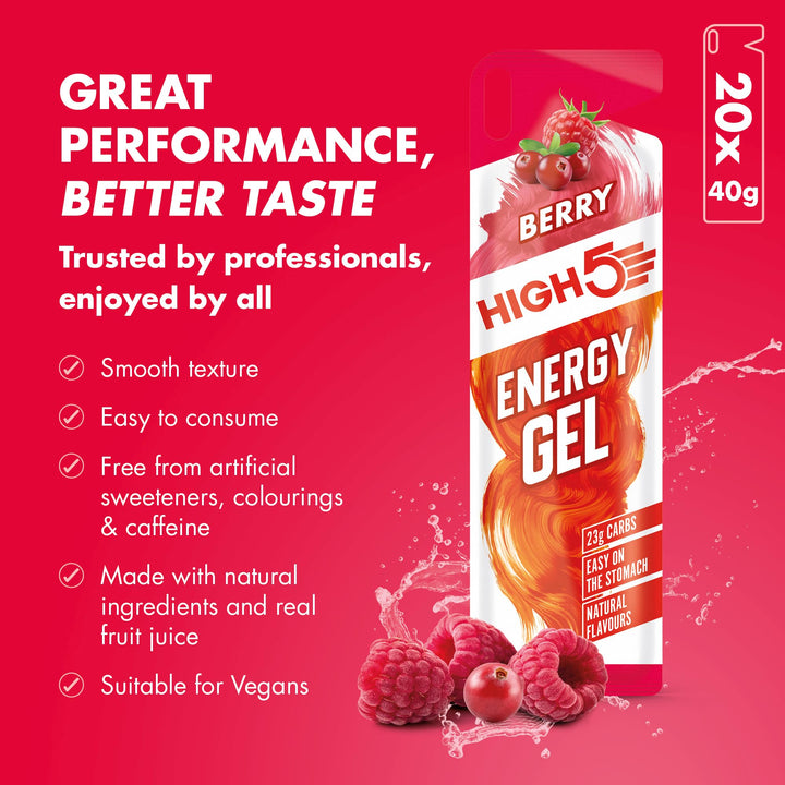 HIGH5 Energy Gel - Carb Gels for Running & Cycling - 23g Carbs, Vegan, Caffeine-Free - Berry (6 x 40g)