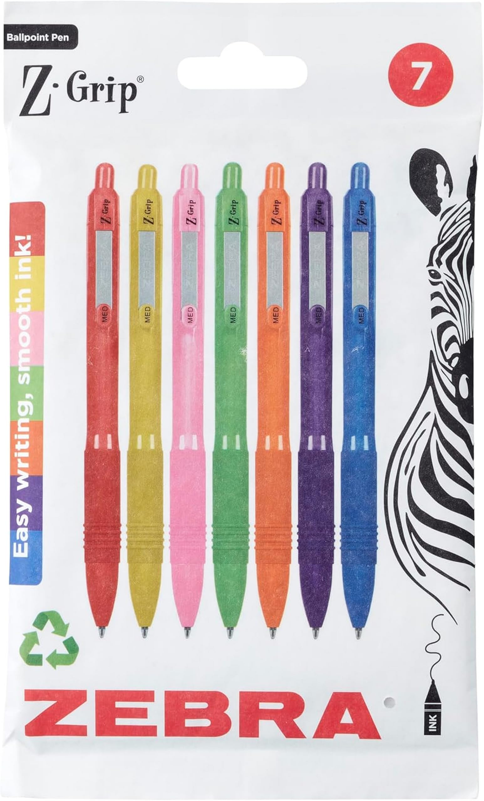 Zebra Pen Z GRIP Smooth Ballpoint Pens - Black Ink, Rainbow Barrel, 1mm Medium Point, 7 Pack