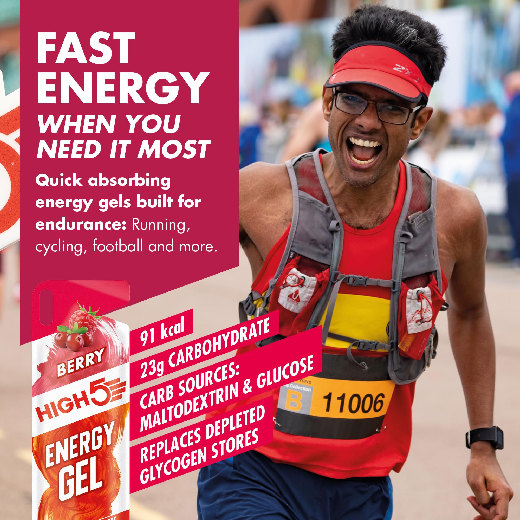 HIGH5 Energy Gel Pouches - 6 x 40g Berry Vegan Fuel for Endurance Sports | Caffeine-Free