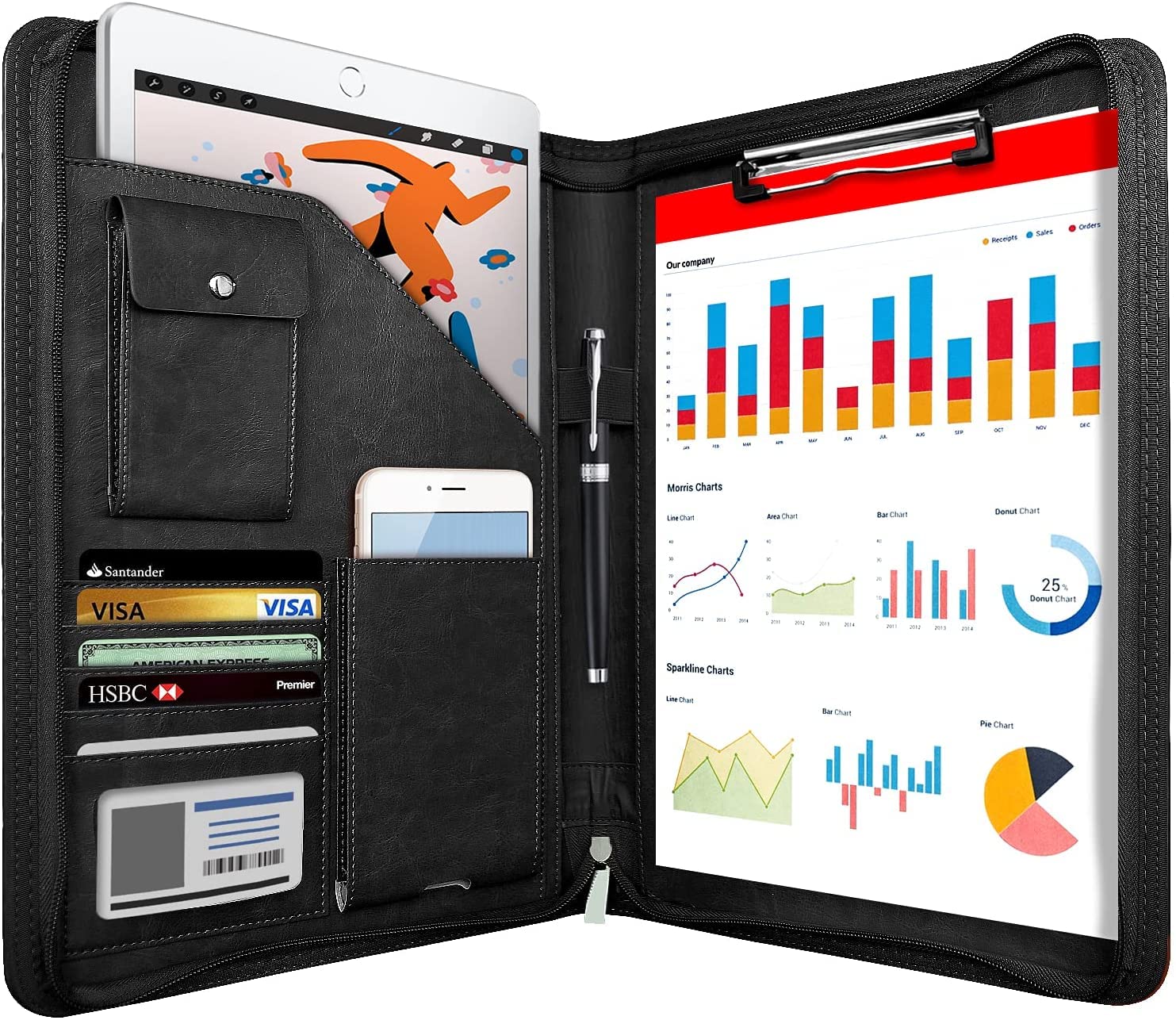 NEWYES Leather Zipper Conference Folder - A4 Size, Black PU Leather, Waterproof | 5 Card Slots