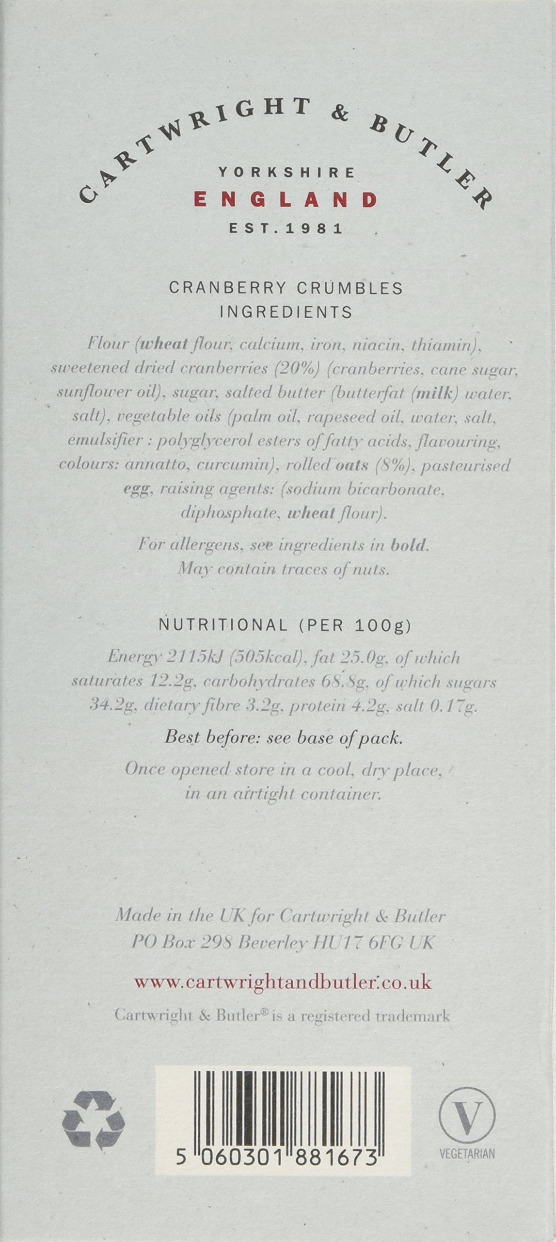 Cartwright & Butler - Cranberry Crumbles Carton | Chewy & Crumbly Oat Biscuit with Dried Cranberries