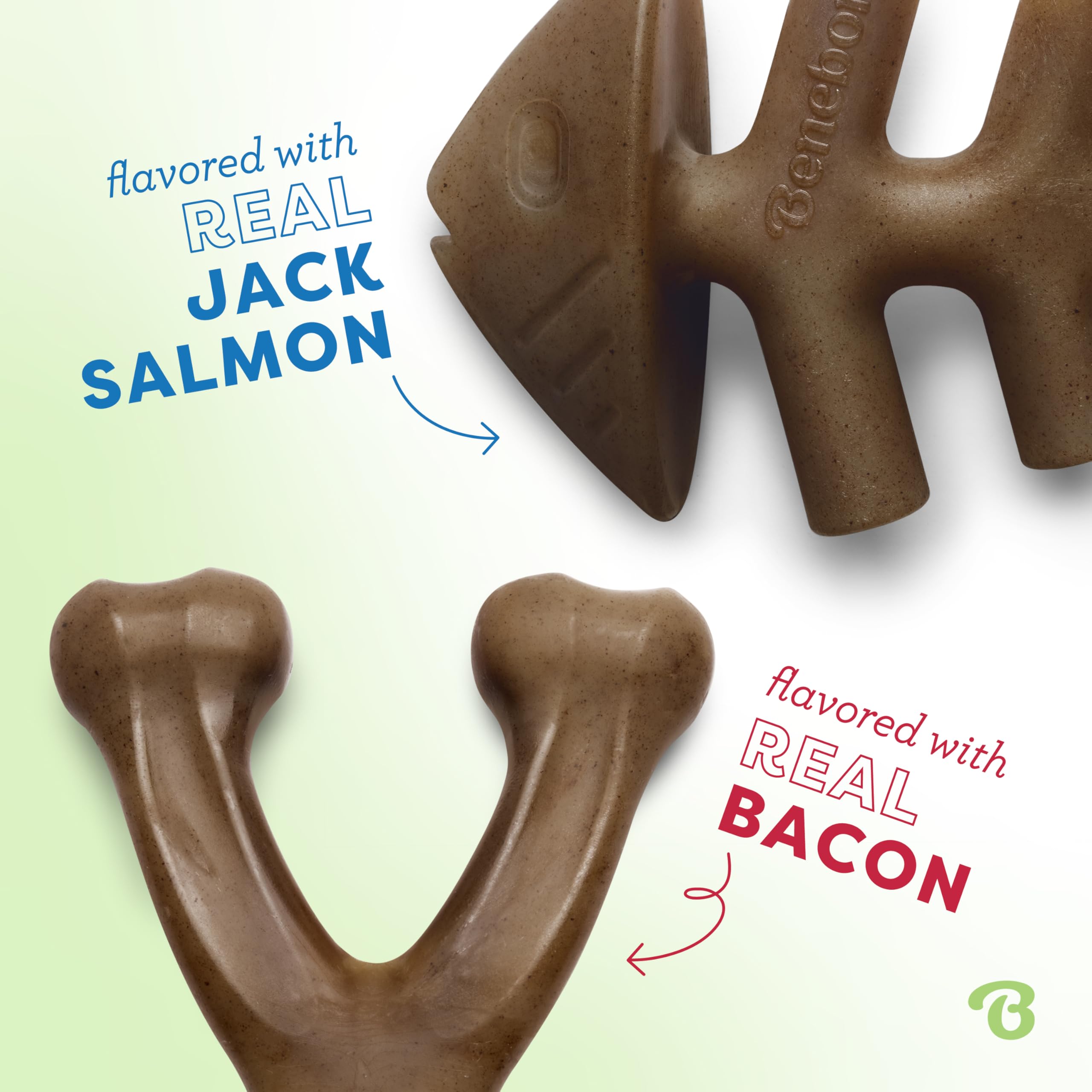Benebone 2-Pack Fishbone & Wishbone Durable Nylon Chew Toys for Medium Dogs | Real Bacon & Salmon Flavor