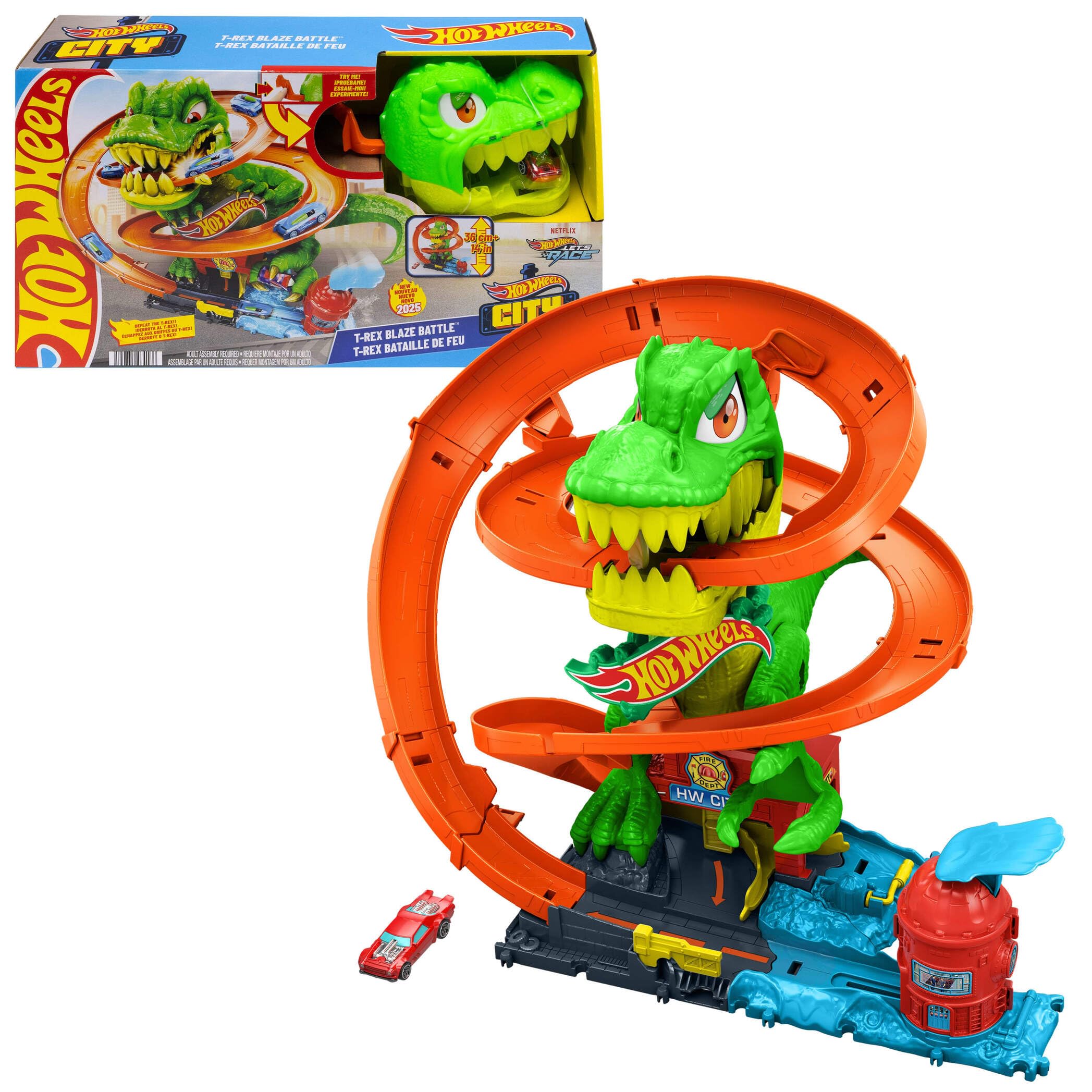 Hot Wheels City T-Rex Blaze Battle Playset with 1:64 Scale Die-Cast Fire Engine | Ages 4+ 1