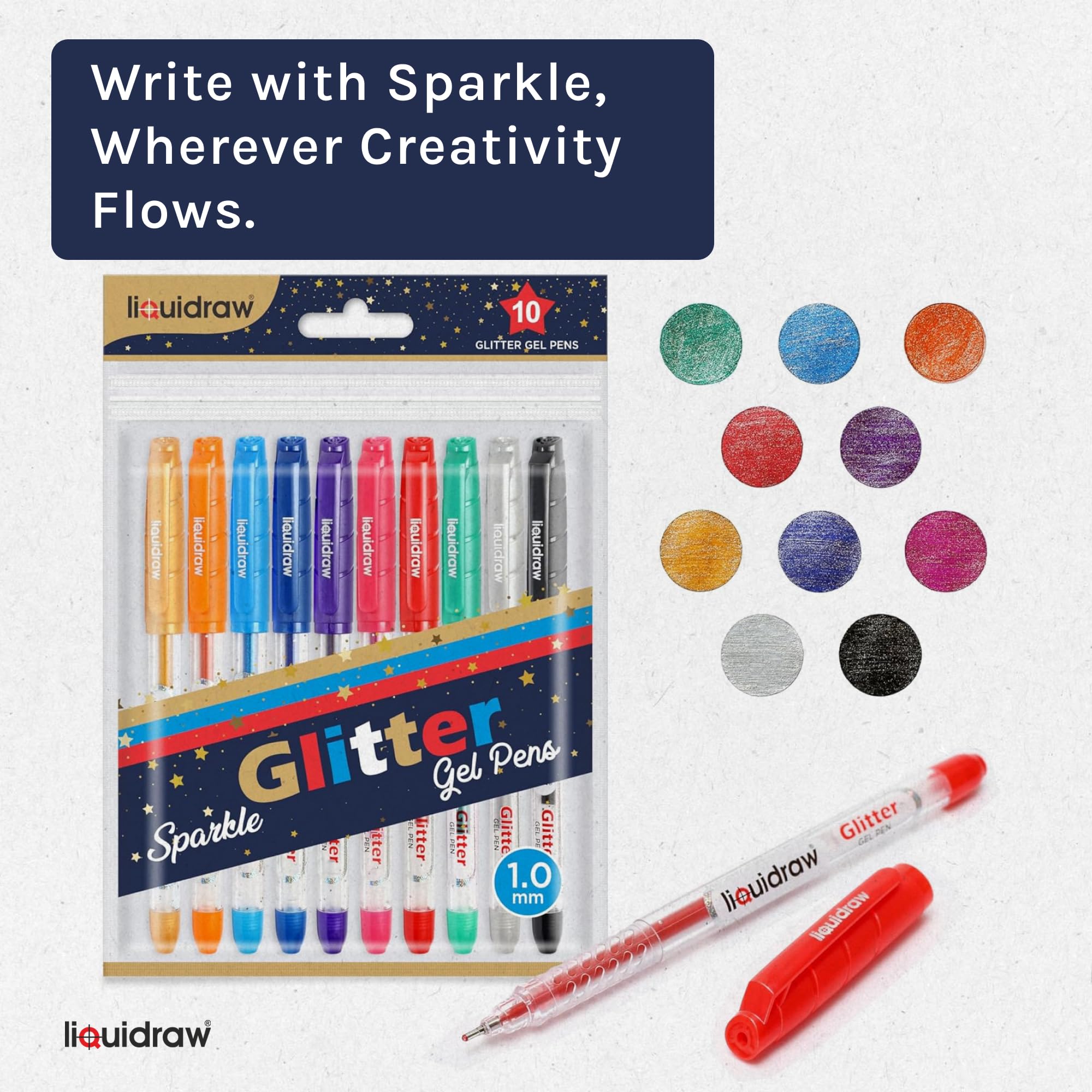 Liquidraw Glitter Gel Pens - Set of 10 | 1.0mm Fine Point | Multicoloured Ink 7