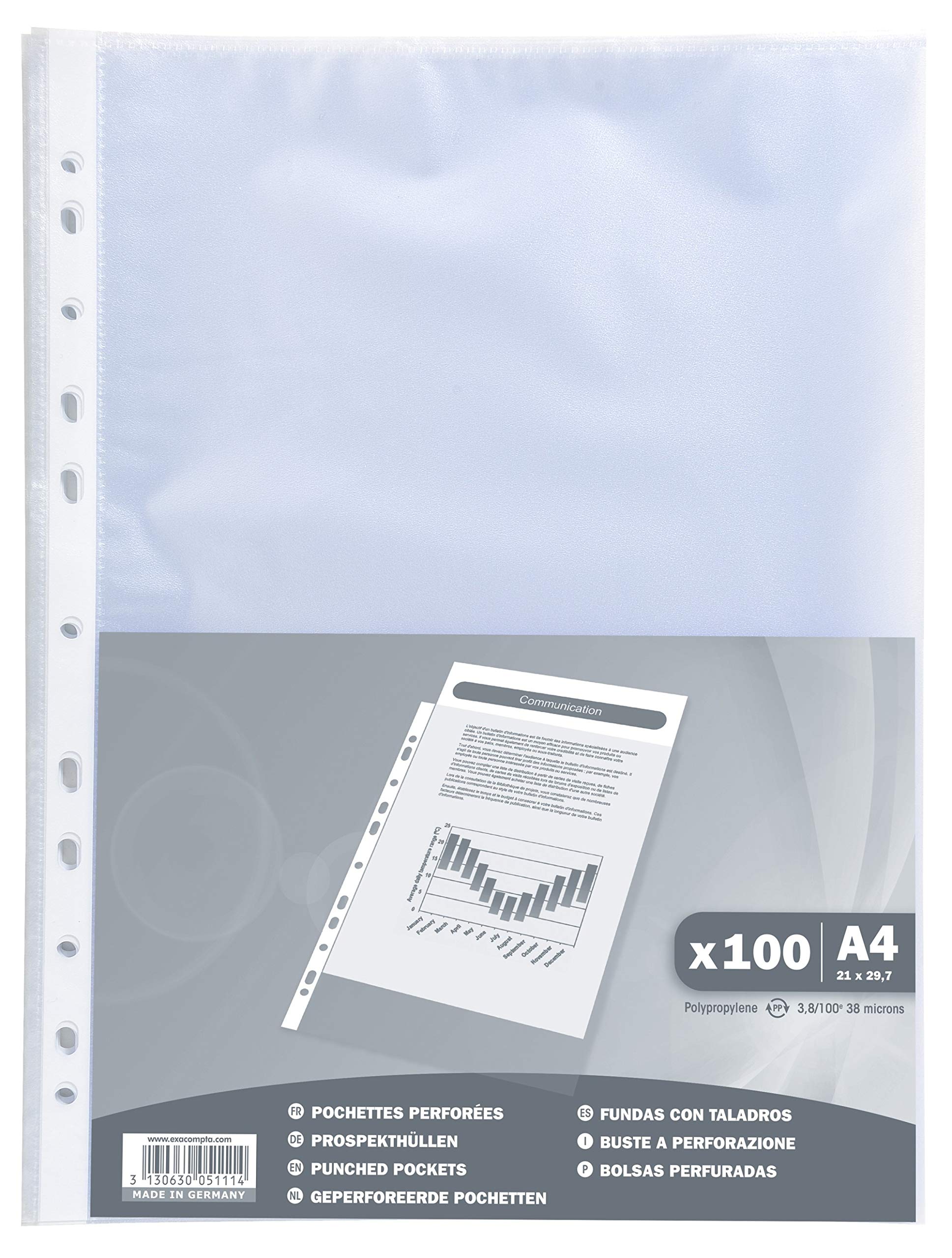 Exacompta Ref 5111E - Grained PP Punched Pockets for A4, Pack of 100 1