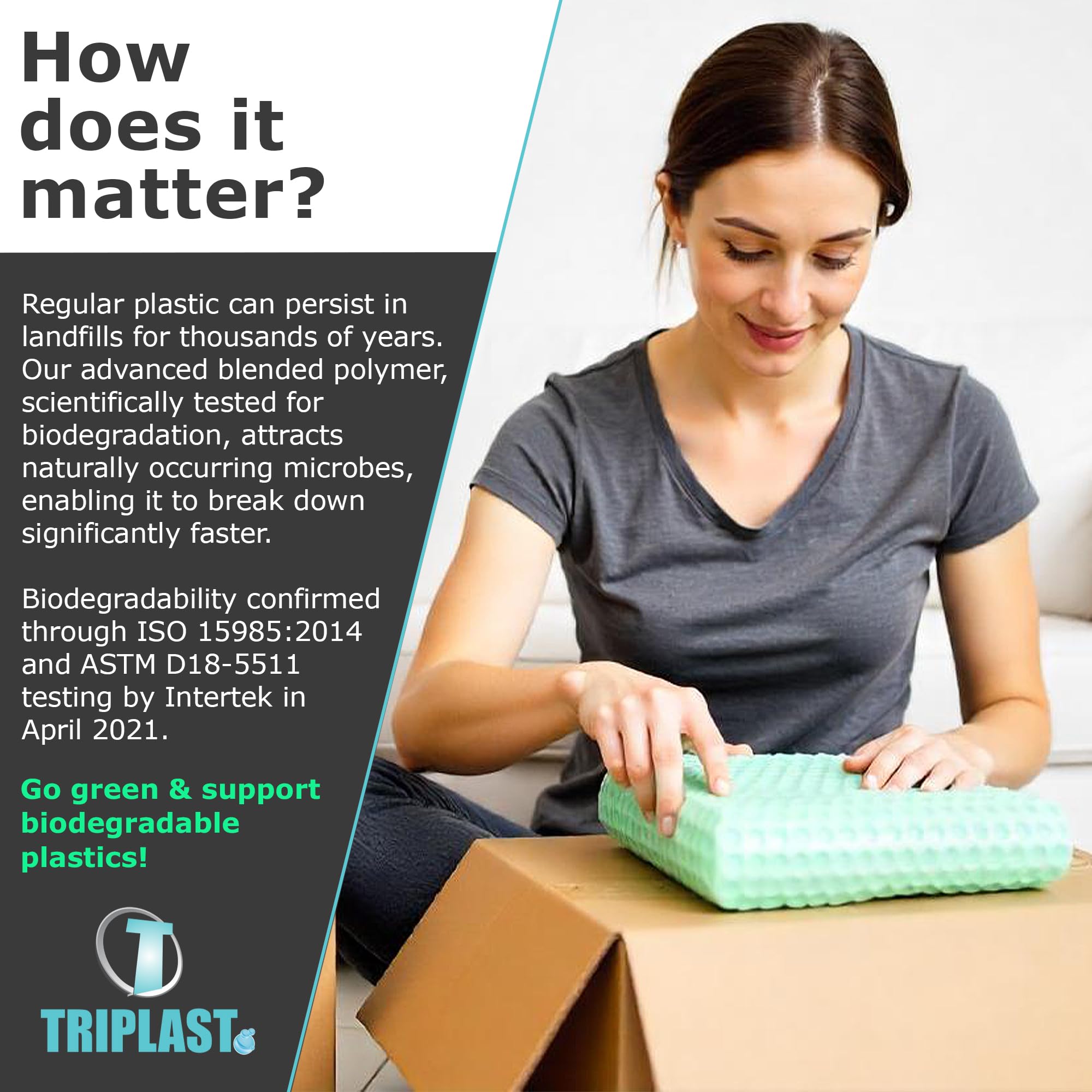 Triplast Biodegradable Green Bubble Wrap Roll - 400mm x 25m | Small 10mm Bubbles | Recycled Content 7