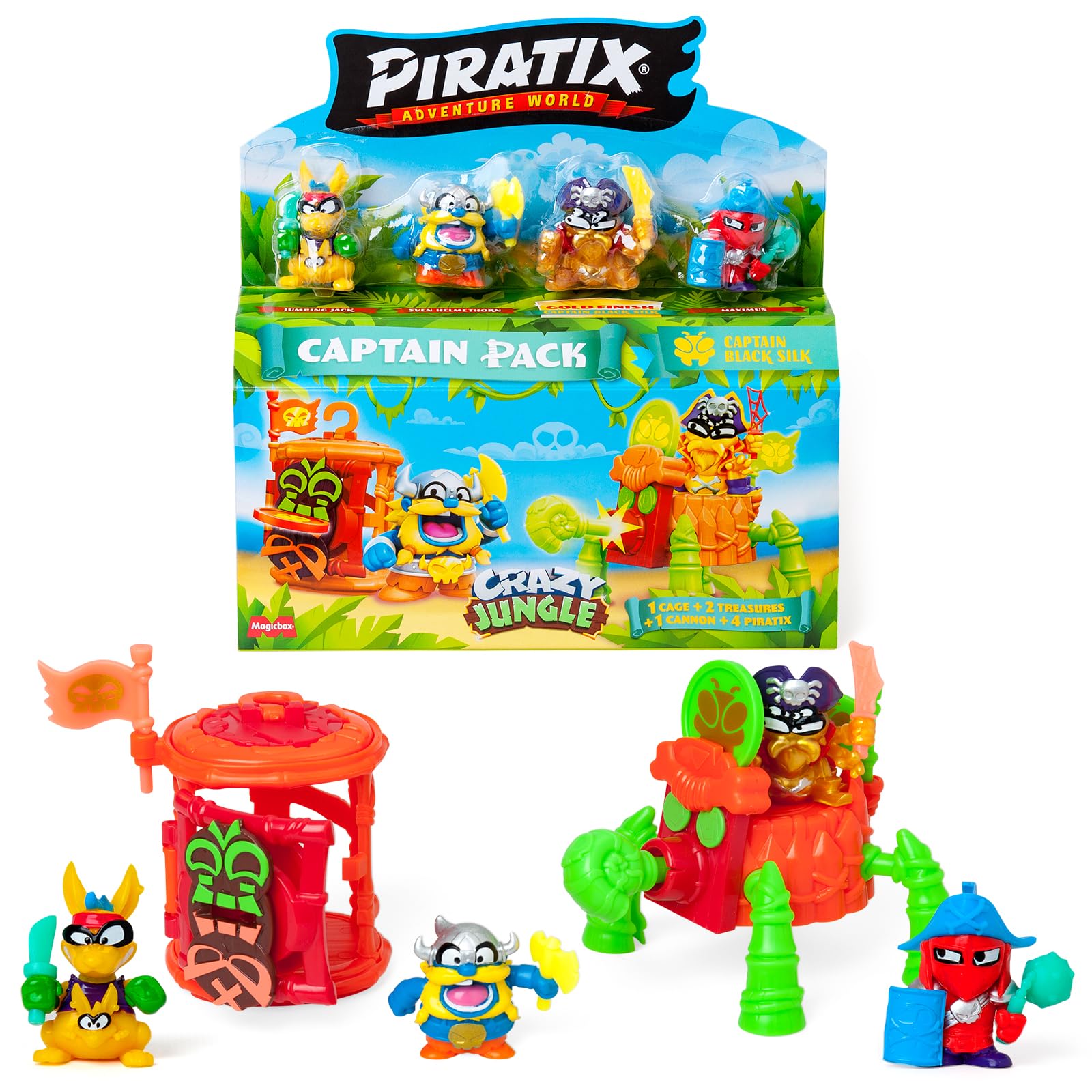 PIRATIX ADVENTURE WORLD Captain Pack Black Silk | 4 Figures, Neon Accessories, Cage & Cannon