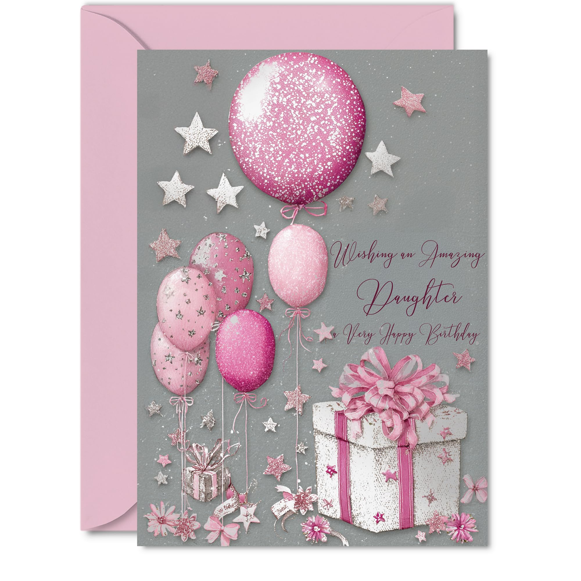 Giftzie Silver Daughter Birthday Card | 5x7 Inch | Silver and Pink Presents Design | From Dad Mum