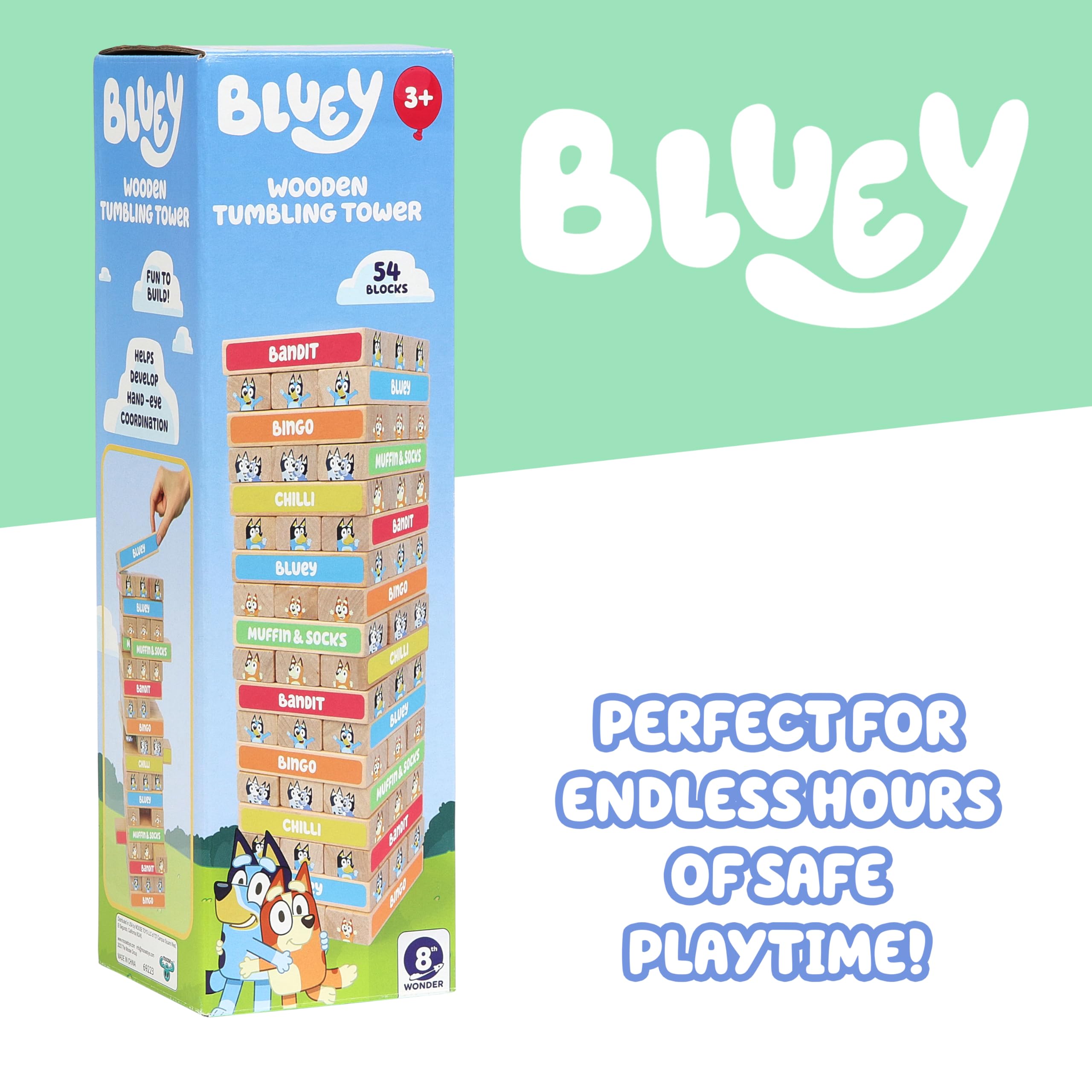 Bluey Tumbling Tower Game - 54 FSC-Certified Wooden Blocks for Stacking Fun 14